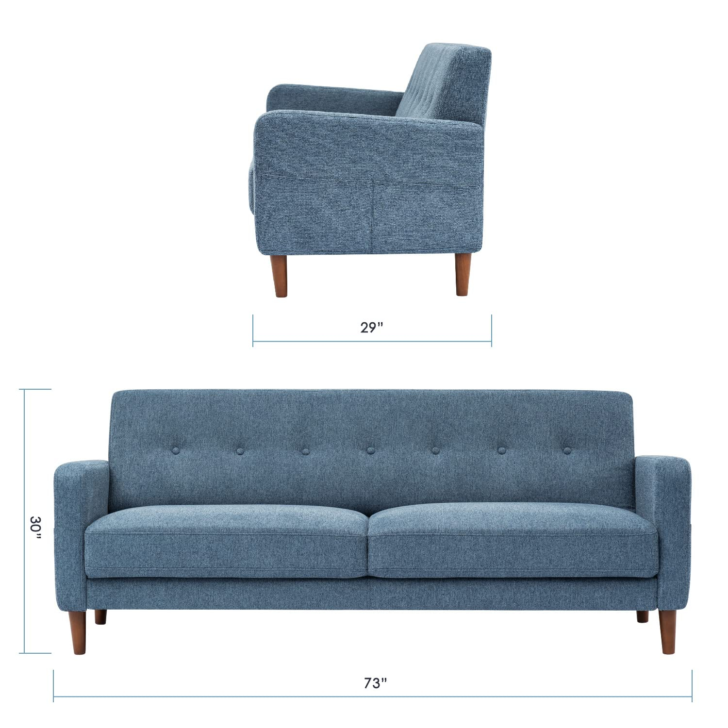 Mellow Adair Mid-Century Modern Sofa Couch with Armrest Pockets, Tufted Linen Fabric, Heather Blue