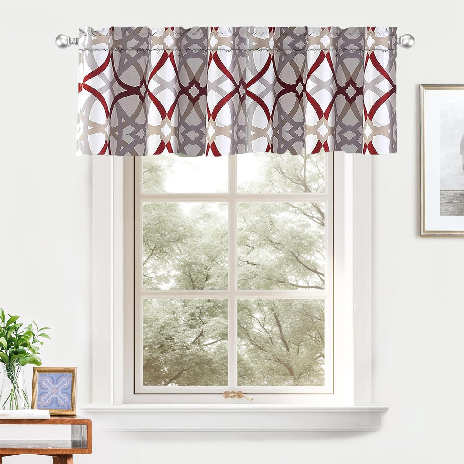 DriftAway Alexander Spiral Geo Trellis Pattern Window Curtain Valance Rod Pocket 52 Inch by 14 Inch Plus 2 Inch Header Red and Gray 1 Pack
