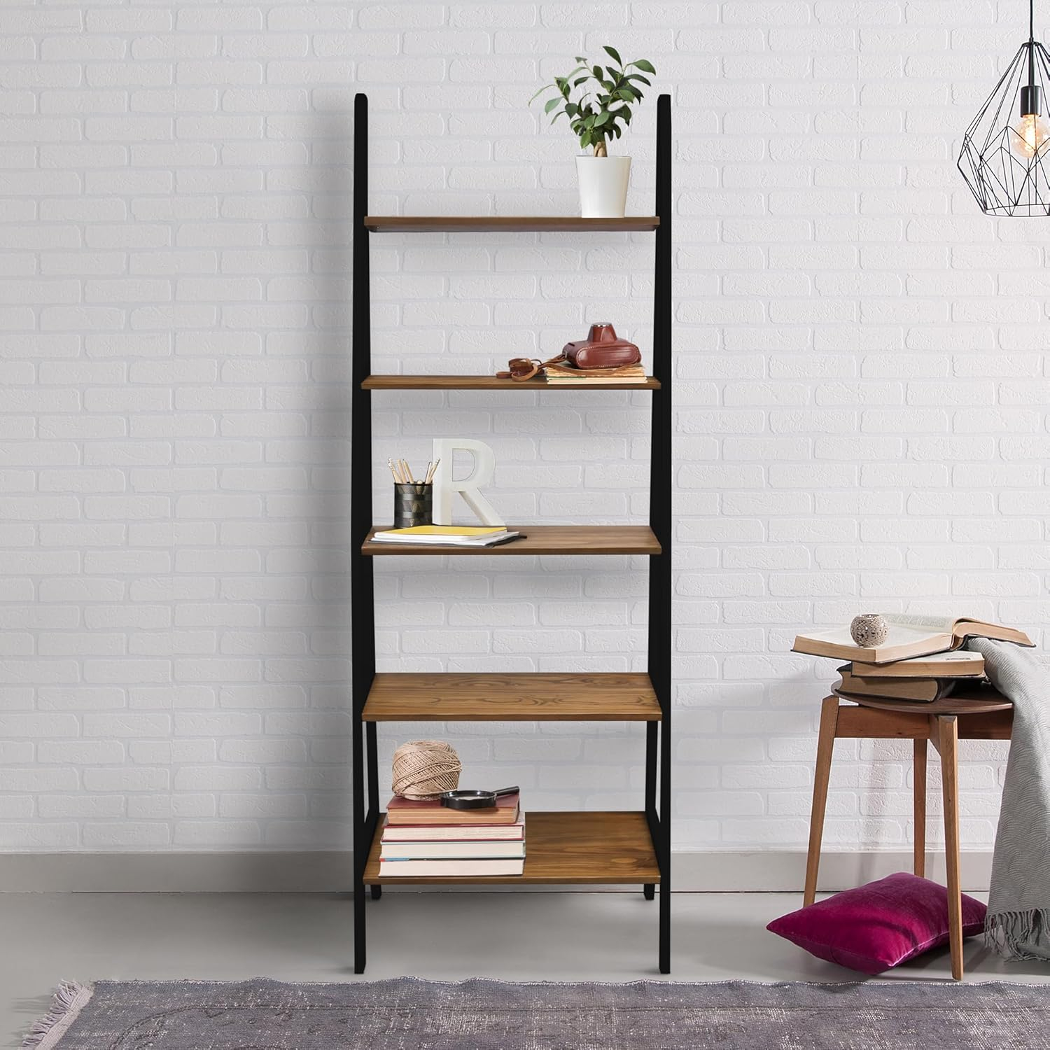 5-Shelf Ladder Bookcase - Rustic Brown/Black