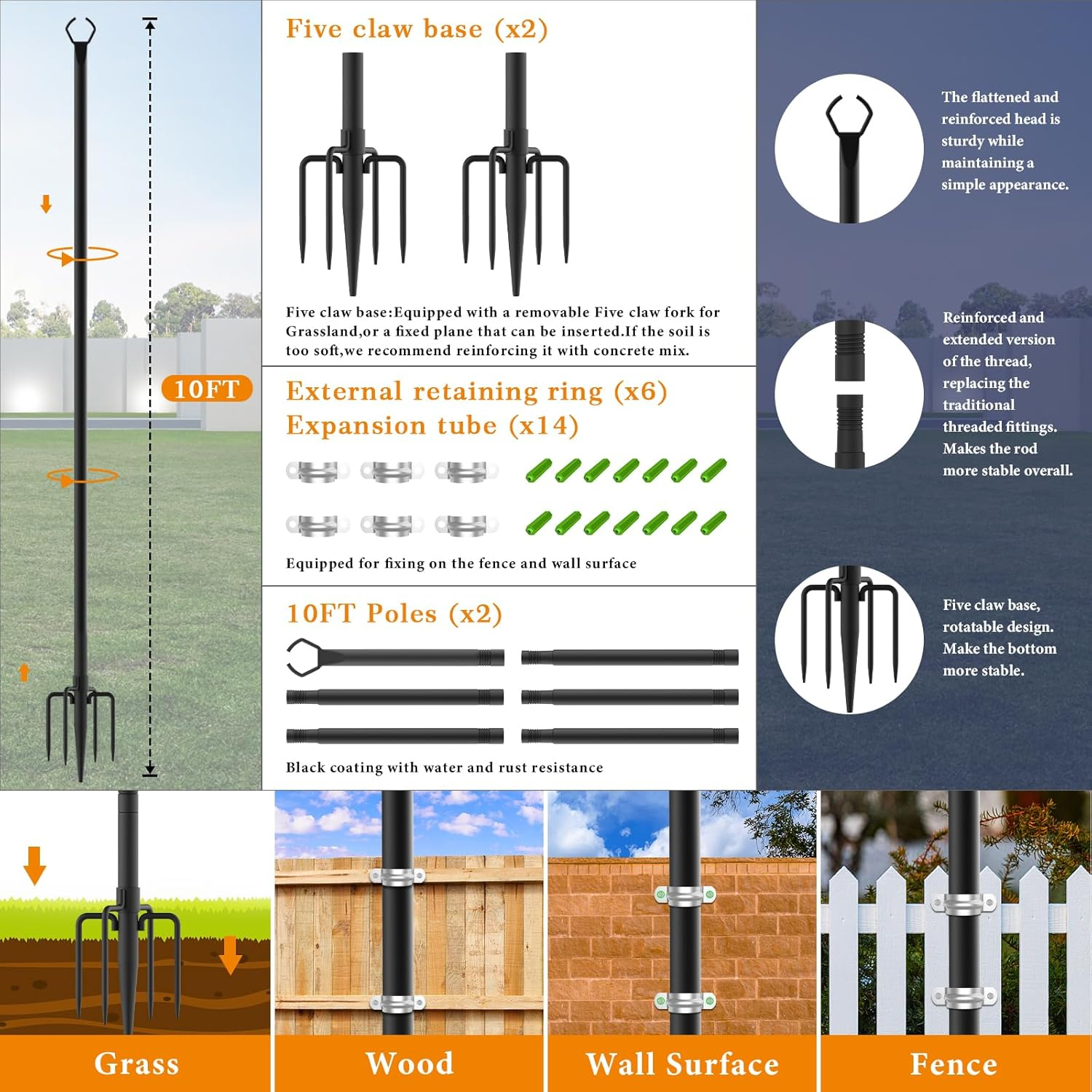 2 Pack String Light Poles,10 Ft Light Poles for Outside String Lights,Outdoor Lights Pole with Fork,Metal Poles Stand for Patio Deck Backyard