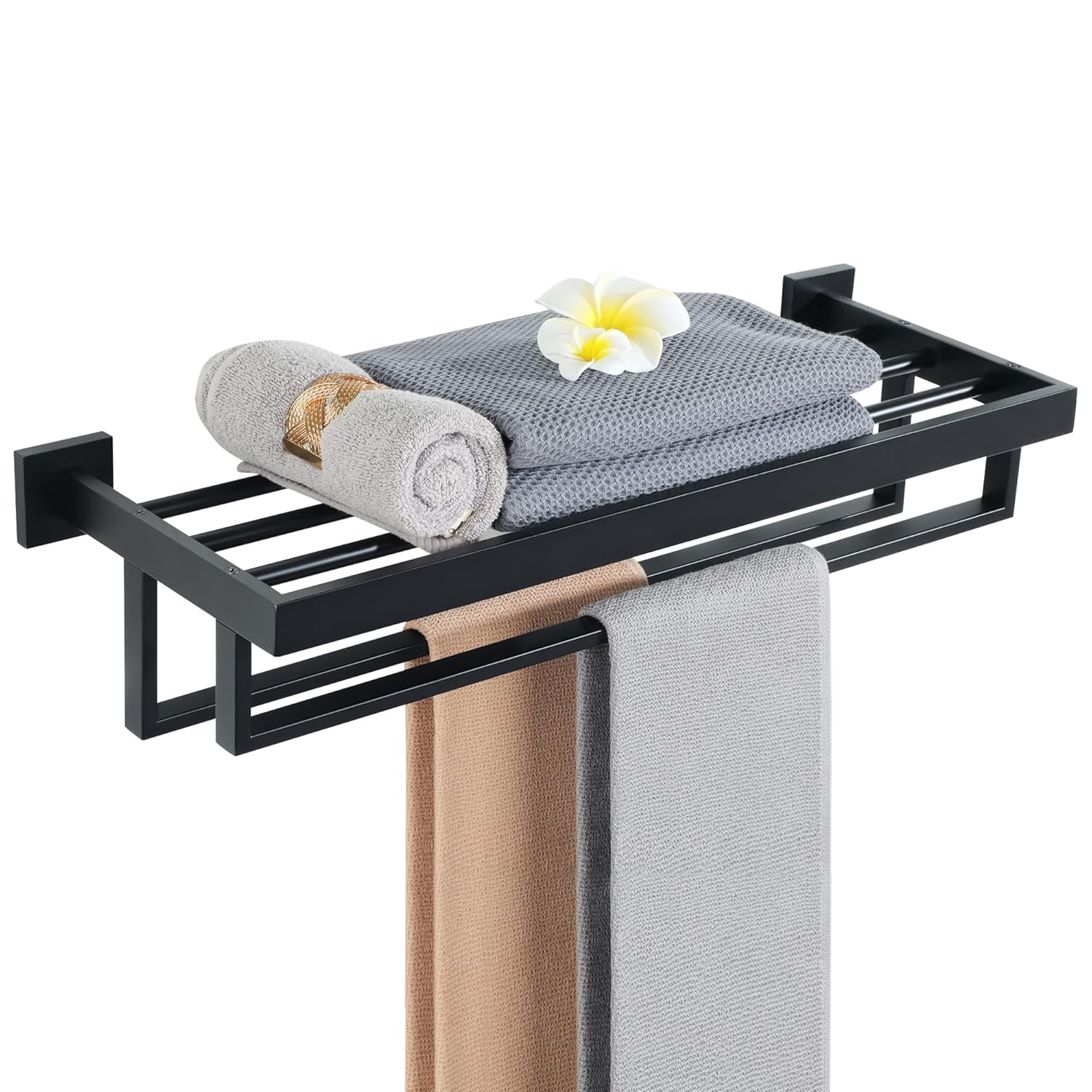 Alise Towel Rack with Double Towel Bar, 24 Inch Towel Racks for Bathroom, Modern Towel Holder for Bathroom Wall, SUS304 Stainless Steel Towel Shelf, Matte Black