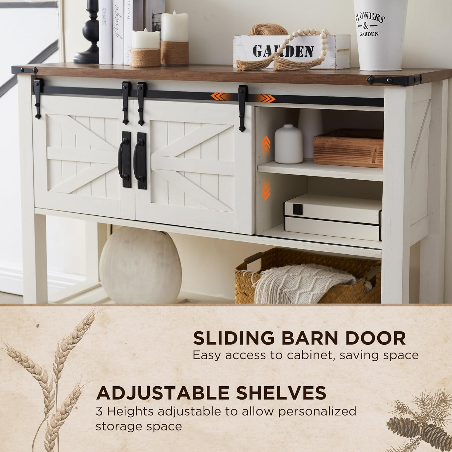 OKD Entryway Table with Sliding Barn Doors, 46" Farmhouse Console Table with Storage Shelf, Rustic Sofa Table Behind Couch for Hallway, Entry Way, Living Room, Foyer, Antique White