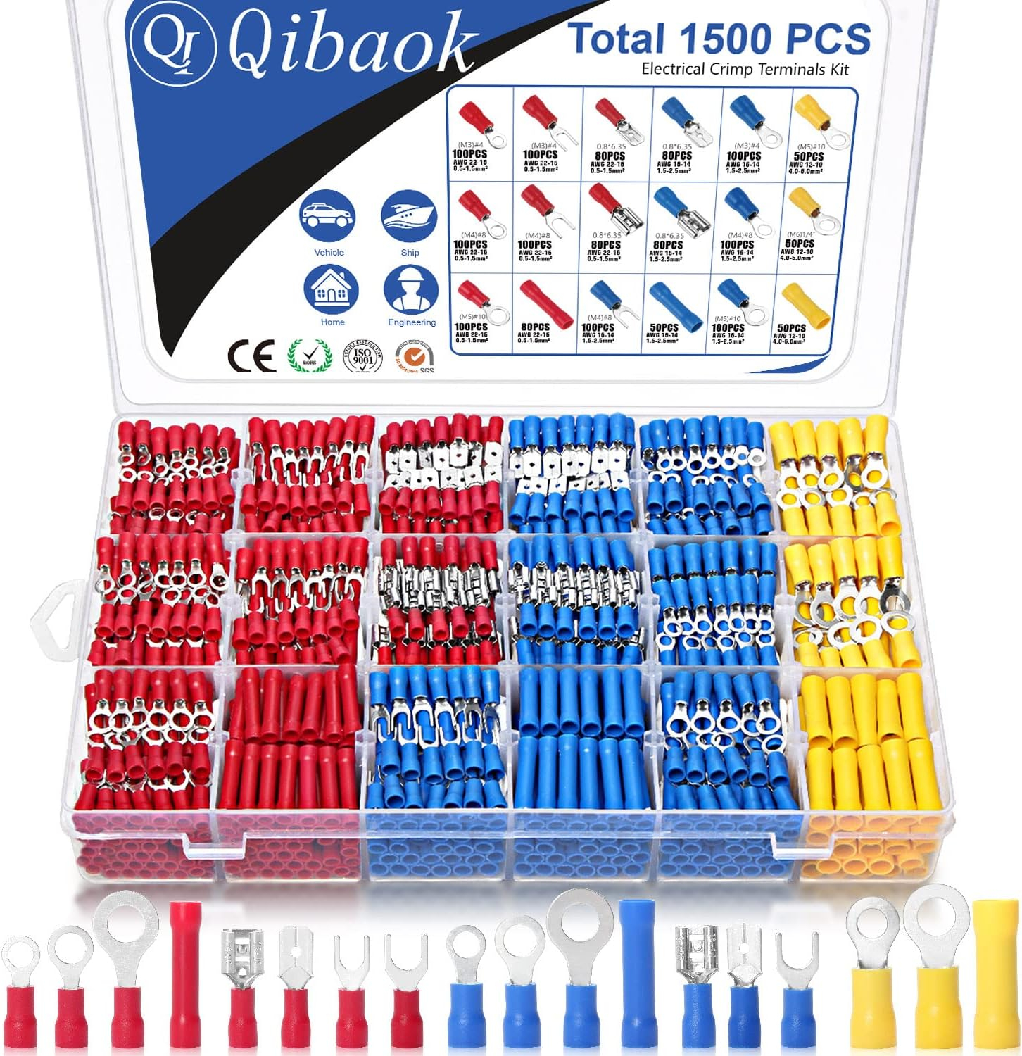 Qibaok 1500pcs Wire Connectors - Insulated Electrical Wire Terminals (Copper) - Ring, Butt, Spade, Fork Connector Kit - Red, Blue, Yellow