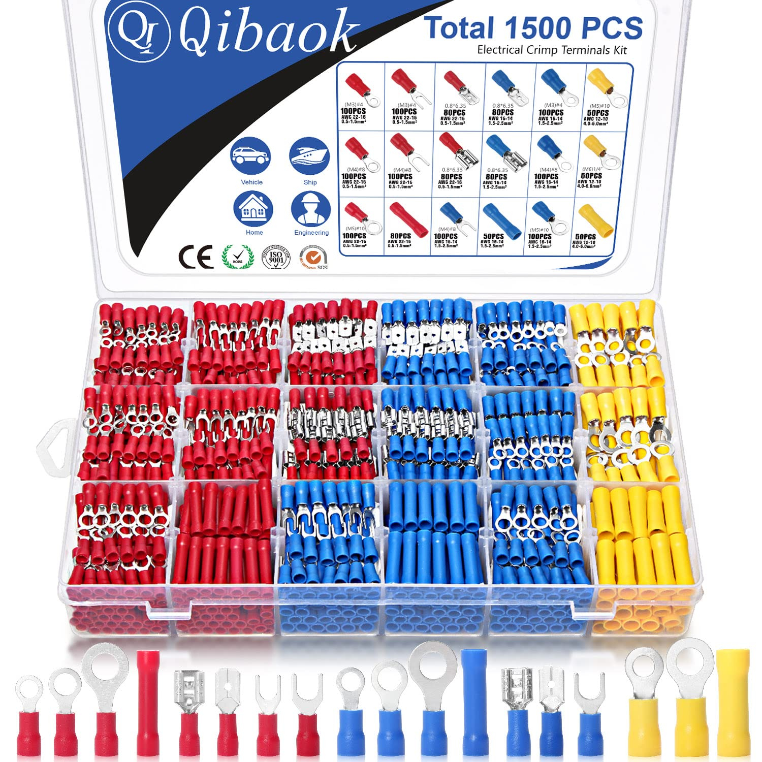 Qibaok 1500pcs Wire Connectors - Insulated Electrical Wire Terminals (Copper) - Ring, Butt, Spade, Fork Connector Kit - Red, Blue, Yellow