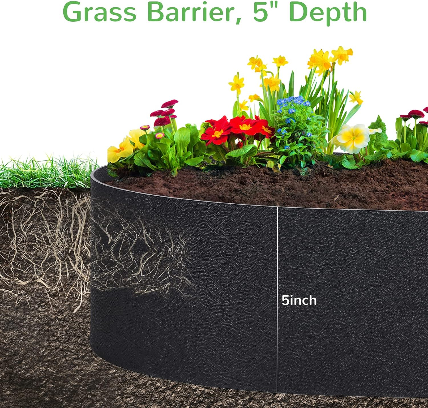 Black Plastic Garden Landscape Edging, 5” Tall Border Coil with 6 Durable Stakes, Flexible and Strengthened with Anti-UV Treatment (20ft with 6pcs Stakes)