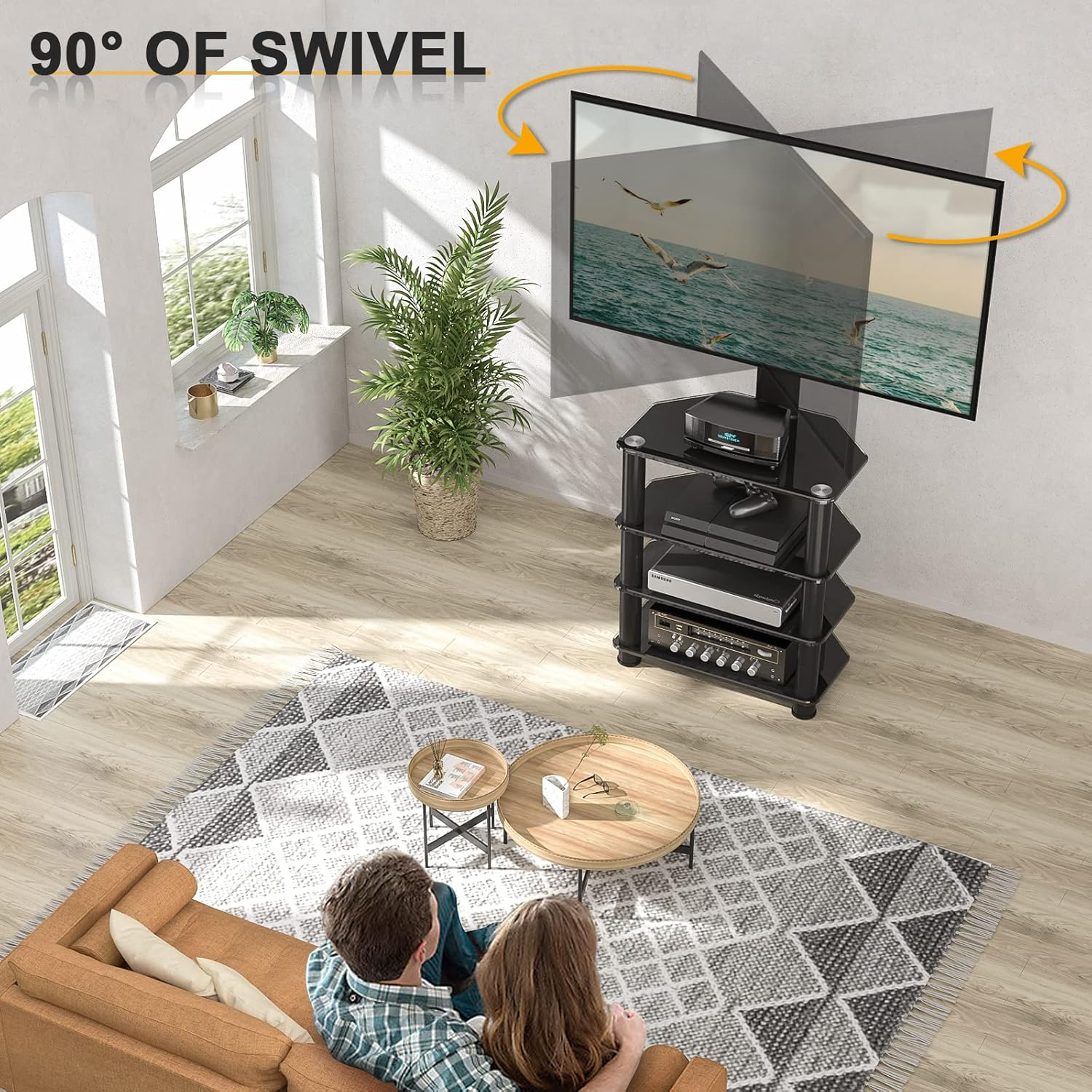 4-Tiers Media Component TV Stand with Swivel Mount Audio Shelf and Height Adjustable Bracket, Black Floor TV Stand for 32-70 Inch LCD LED OLED Flat/Curved Screen TVs