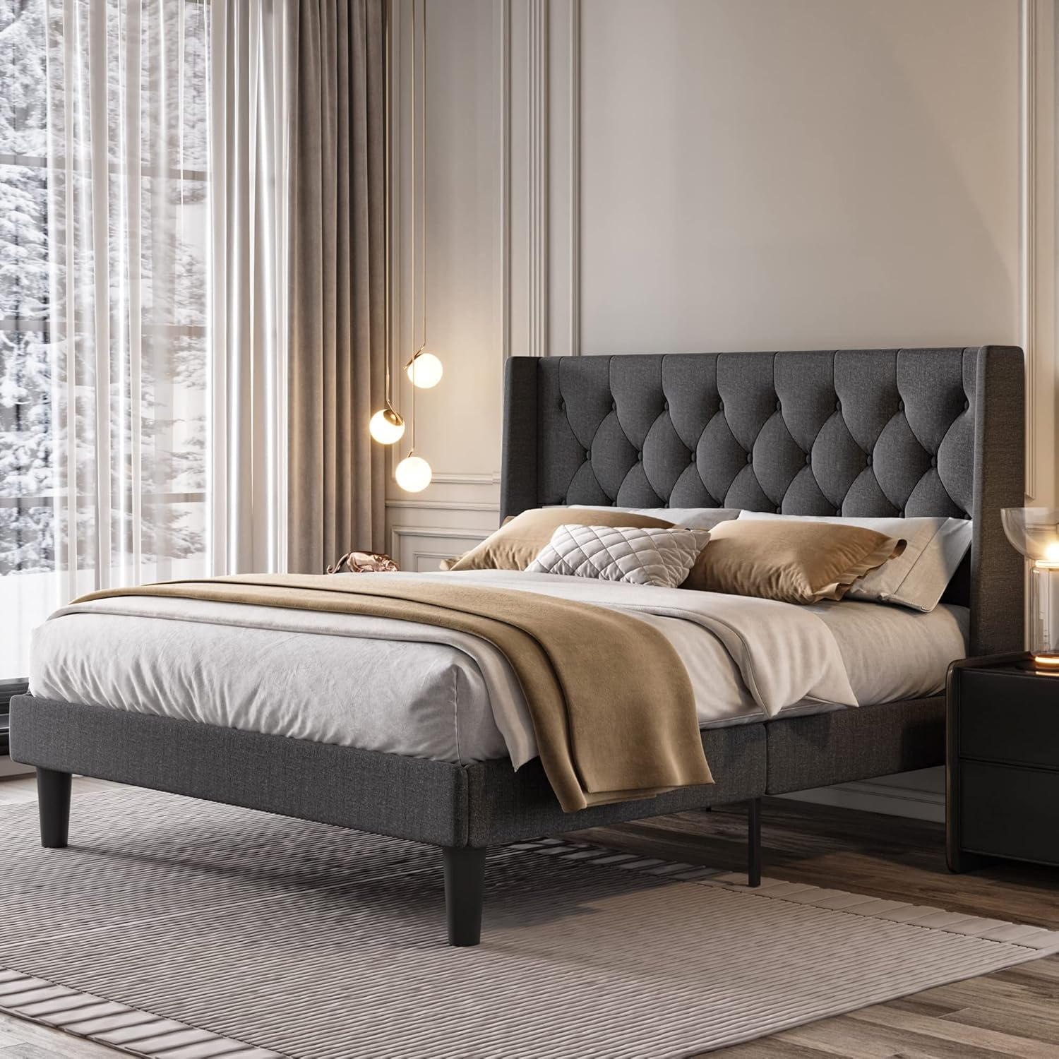 SHA CERLIN Queen Size Platform Bed Frame with Upholstered Headboard and Wingback, Button Tufted Design, Easy Assembly, Dark Grey