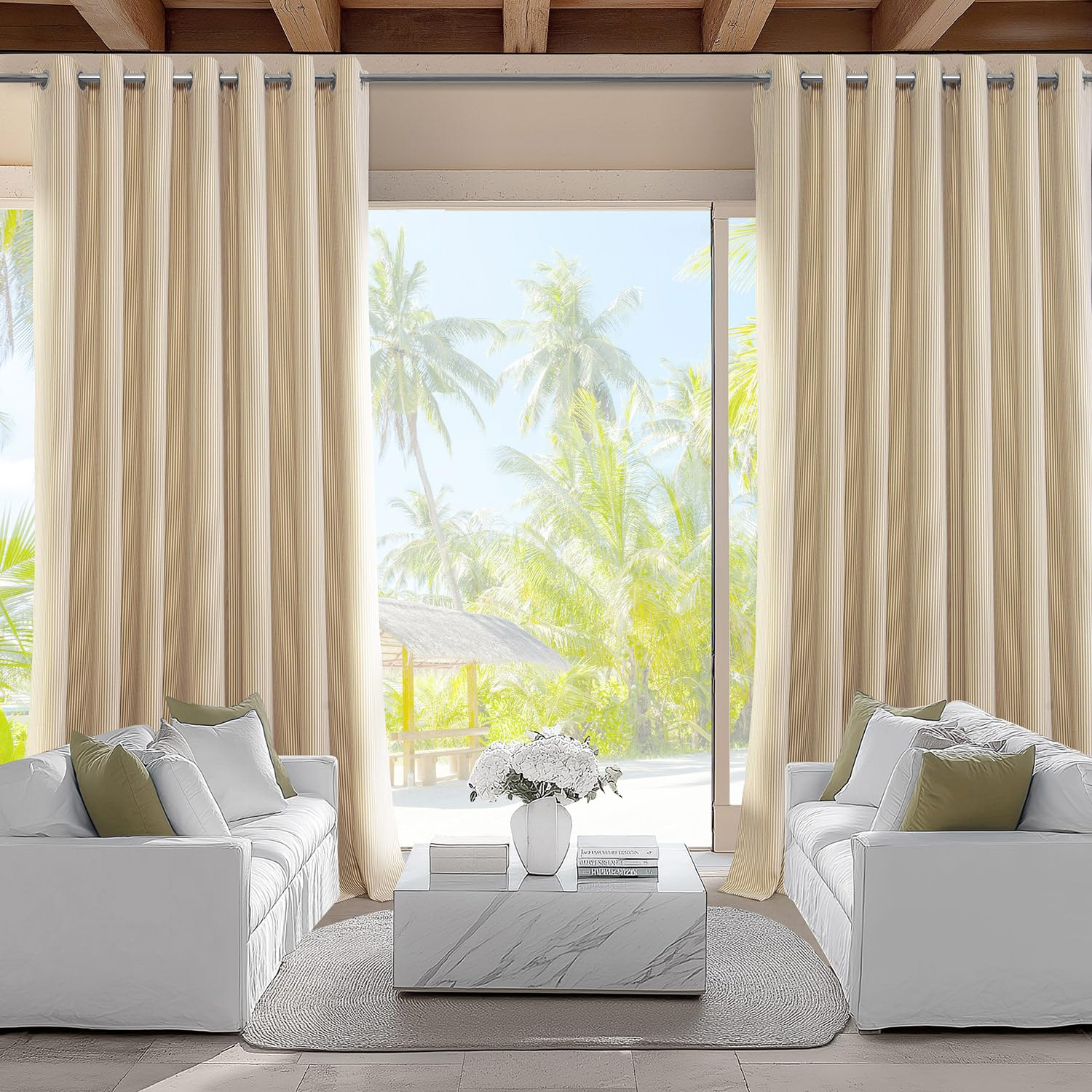 HPD Half Price Drapes Villanova Striped Grommet Outdoor Curtains for Patio (1 Panel) - UV & Water Resistant Light Filtering 200 GSM Polyester Curtains - 50W x 84L, Coastal Beige Thin Stripe
