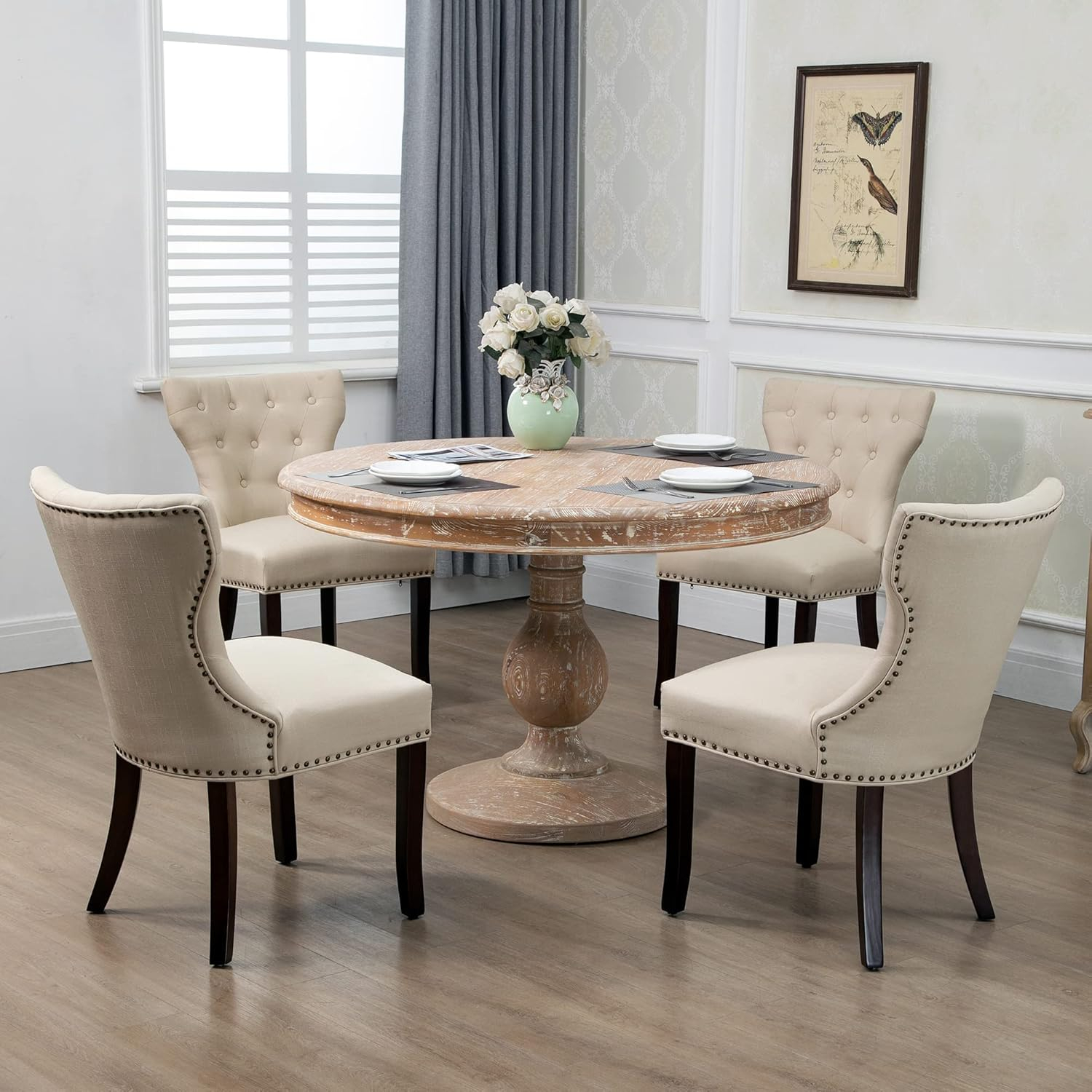 DAGONHIL Fabric Dining Chairs Set of 2, Tufted Dining Room Chairs,Upholstered Solid Wood Accent Chairs with Nail Heads and Buttons for Living Room, Beige