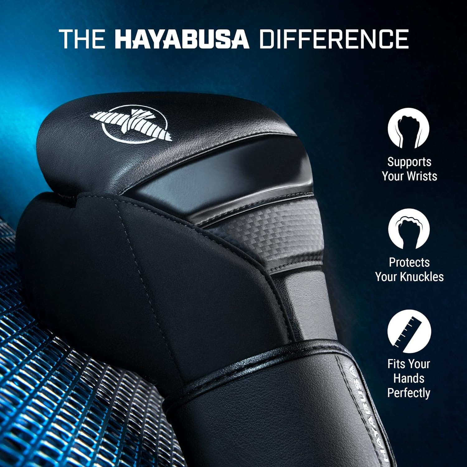 Hayabusa T3 Boxing Gloves for Men and Women Wrist and Knuckle Protection, Dual-X Hook and Loop Closure, Splinted Wrist Support, 5 Layer Foam Knuckle Padding - Black, 18 oz