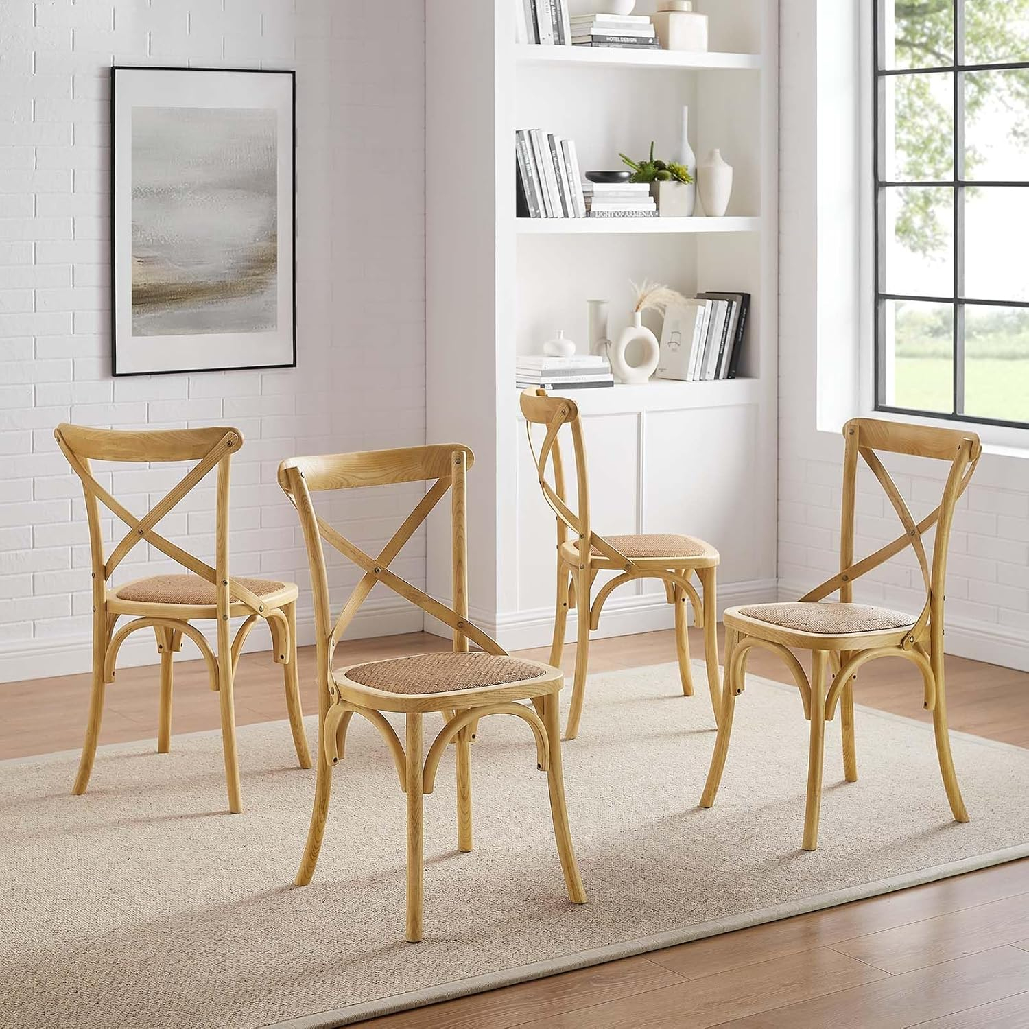 Modway Gear 18.5" Elm Wood and Rattan Dining Side Chair in Natural (Set of 4)