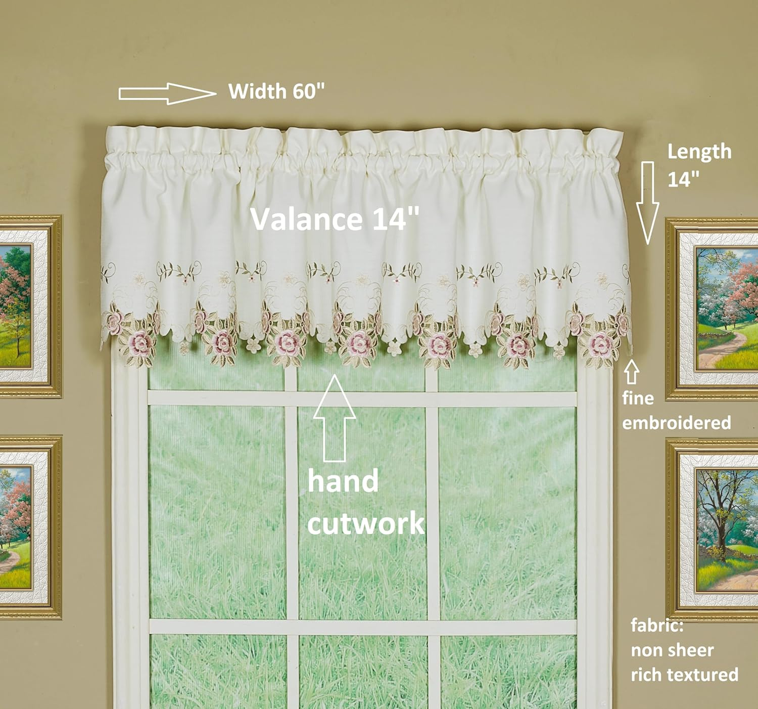 Today's Curtain Verona Reverse Embroidery Valance, 14", Ecru/Rose, 60" W X 14" L