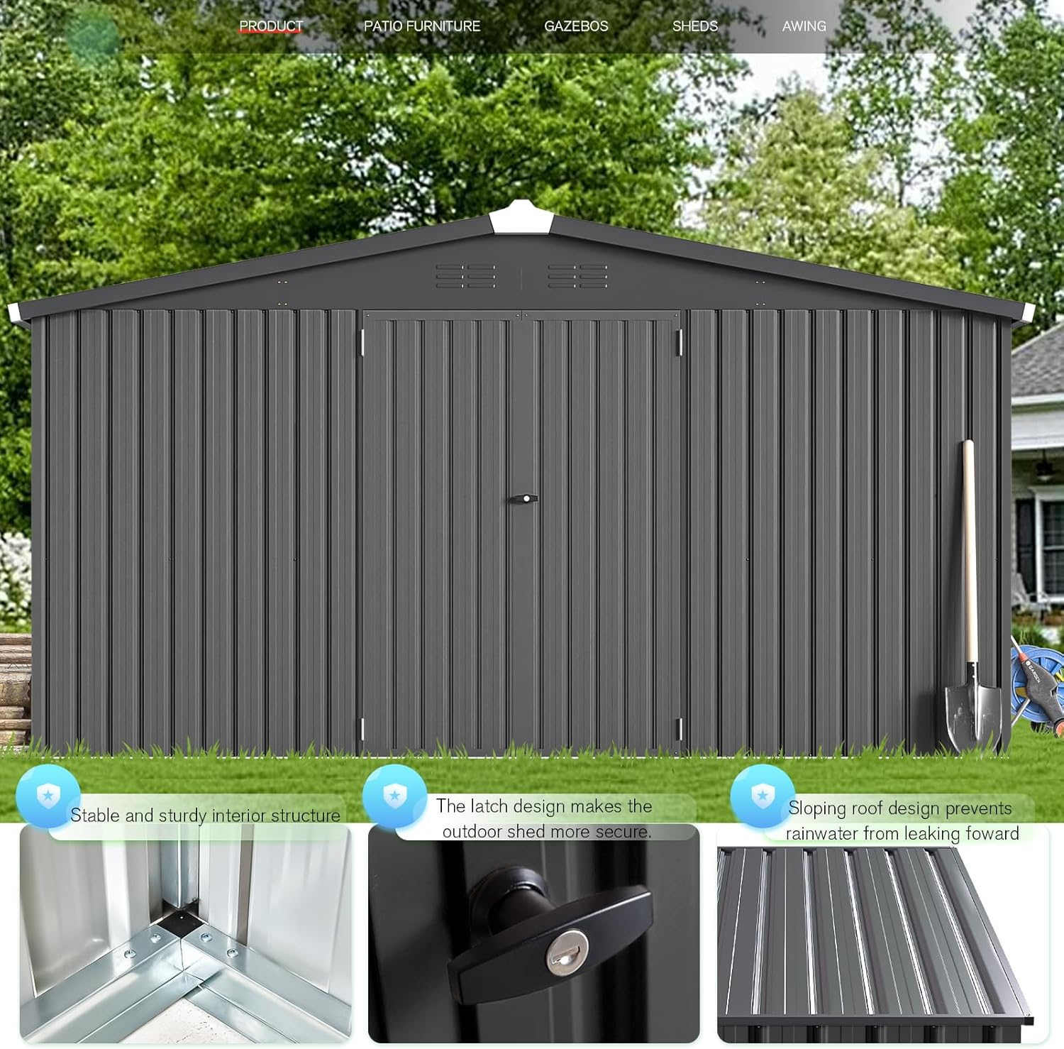 AECOJOY 12' x 12' Outdoor Storage Shed with Lockable Door Patio Metal Garden Storage Building in Dark Gray for Outside