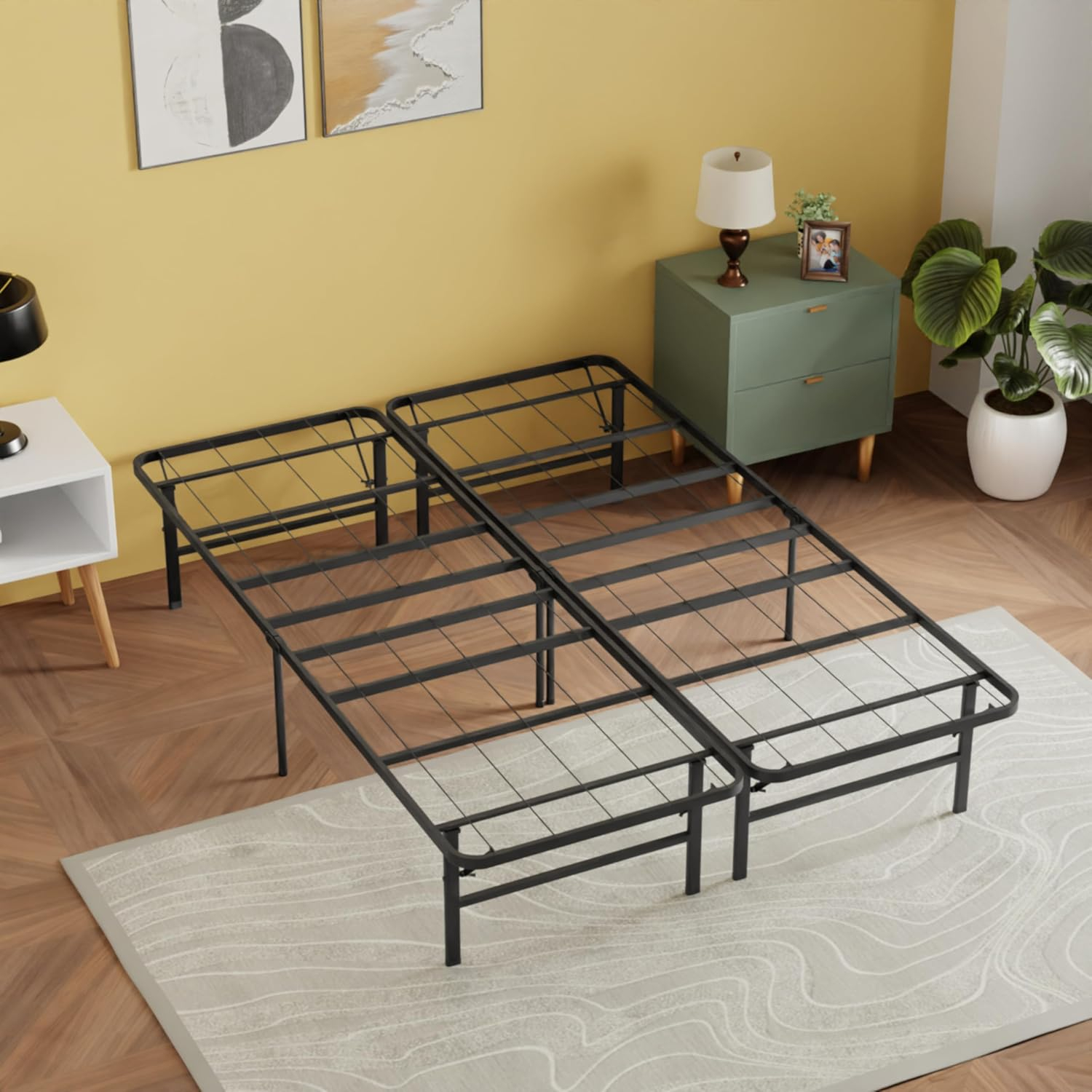 24/7 Shop at Home Aiso 14 Inch Metal Foldable Bed Frame Full Size, No Box Spring Required, Heavy Duty Bedframe with Storage Space Underneath, Sturdy and Non-Slip Slats Platform, Easy Assembly, Black