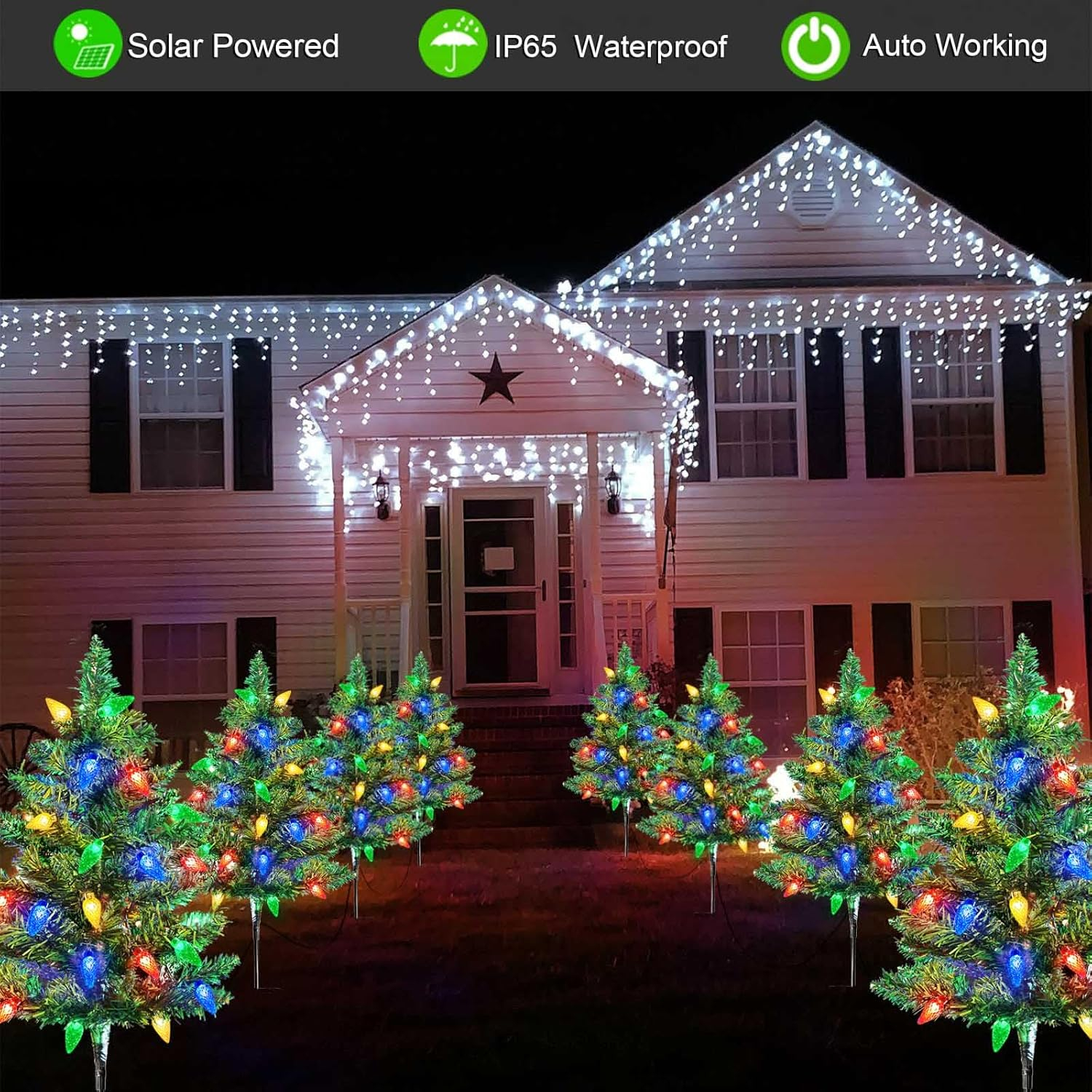 Homeleo 4 Set Solar Christmas Tree w/ 80pcs C6 LED Christmas Lights for Outdoor Christmas Decorations,Solar Powered Prelit Small Christmas Tree for Holiday Outside Pathway Garden Yard Decor C42