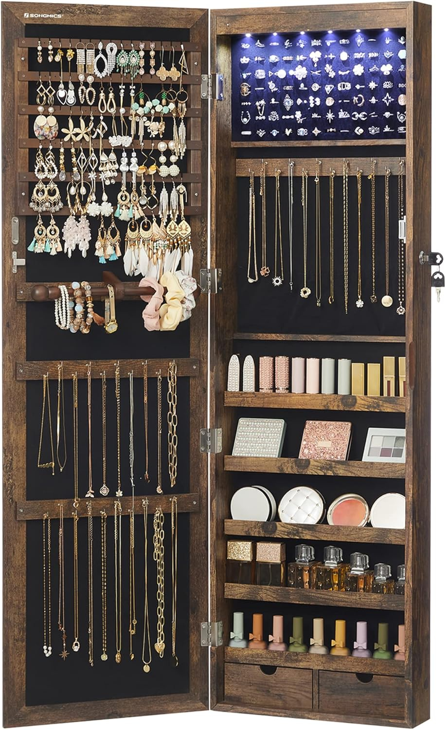 6 LEDs Mirror Jewelry Cabinet Lockable 47.2" H Wall/Door Mounted Jewelry Armoire Organizer Rustic Brown