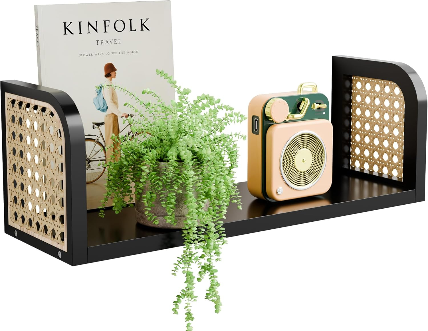 Black Rattan Wall Shelf, Hanging Book Shelves for Wall, Decorative Shelves for Natural Nursery Decor, Picture Ledge Shelves, Wall Mail Organizer, Floating Rattan Shelf for Office, Bedroom,Bathroom