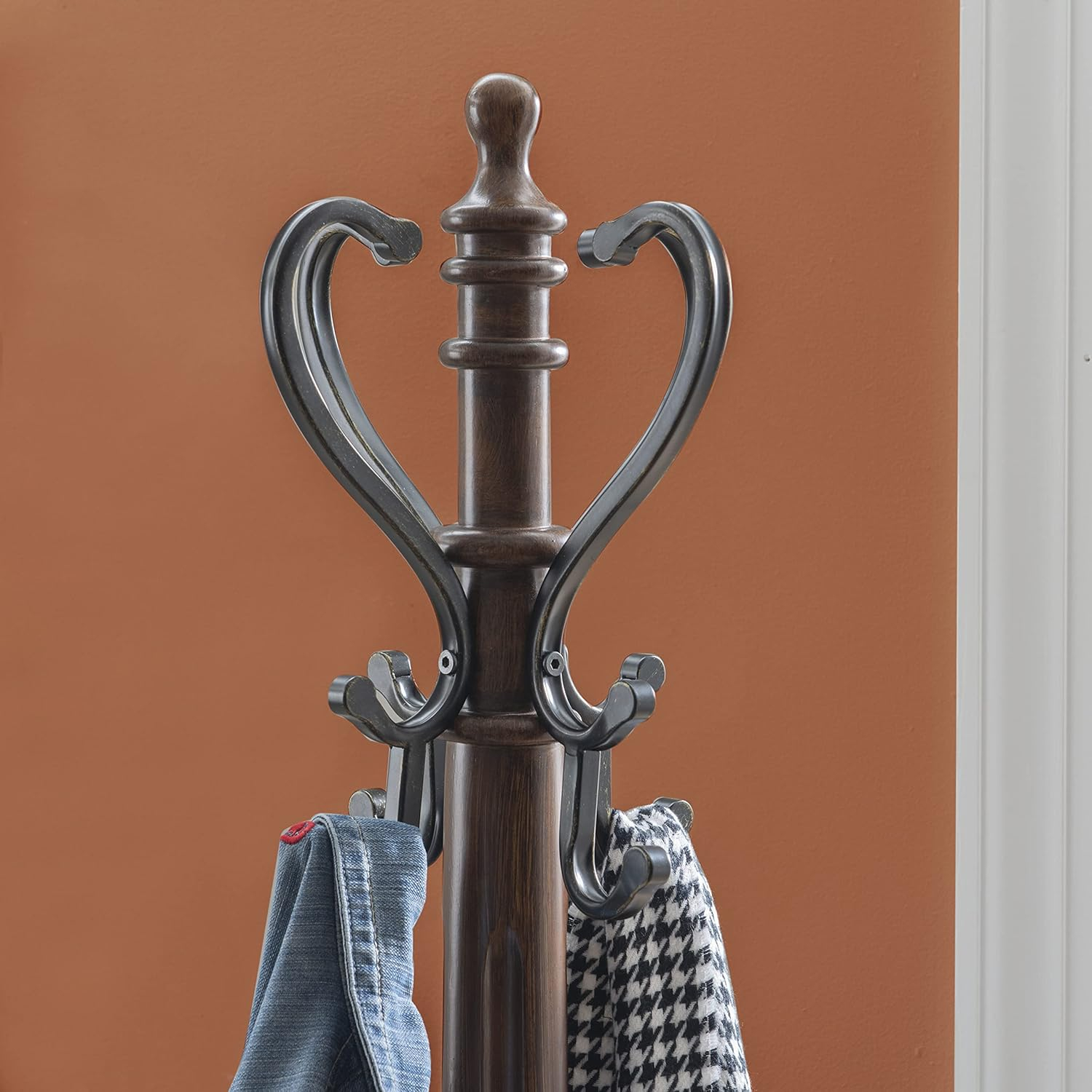 Linon Barrier Reef Wood Coat Rack 8 Antique Brass Hooks Curved Legs in Brown