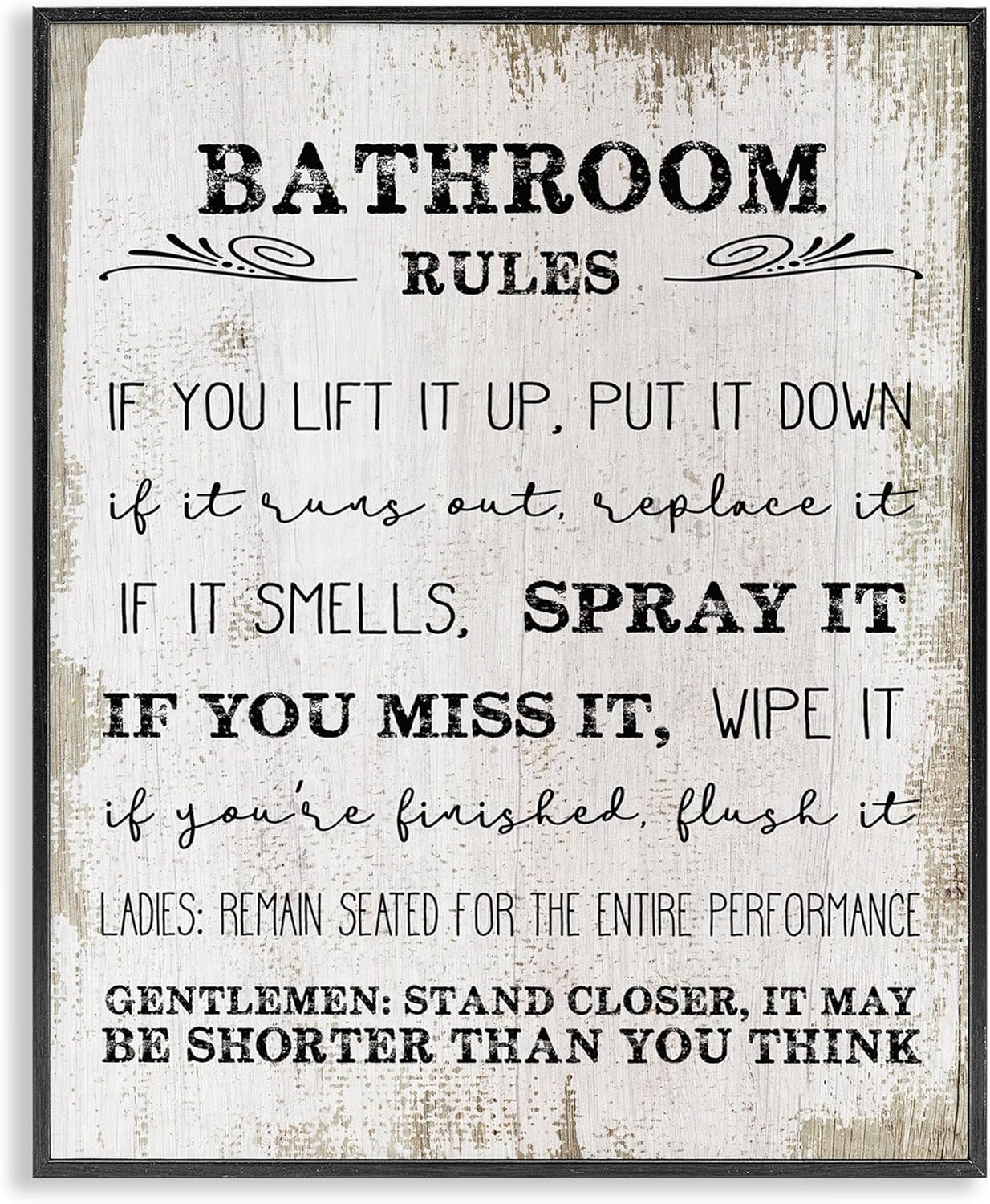 Stupell Industries Bathroom Rules Funny Word Wood Textured Design Framed Giclee Texturized Art by Daphne Polselli