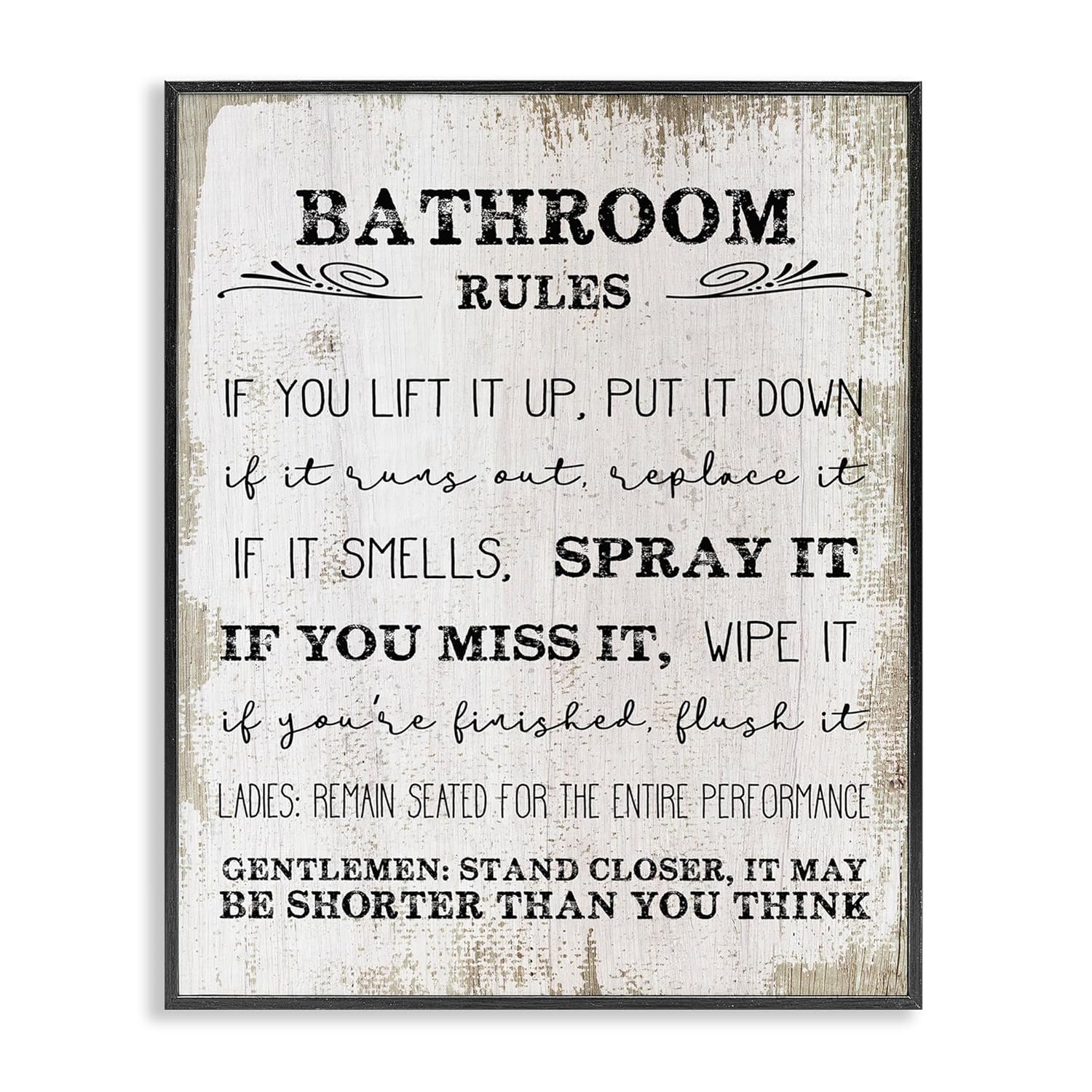 Stupell Industries Bathroom Rules Funny Word Wood Textured Design Framed Giclee Texturized Art by Daphne Polselli