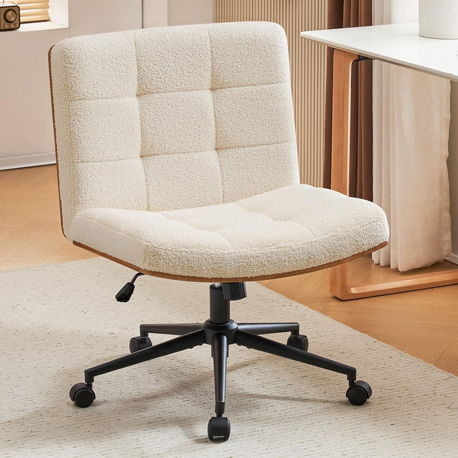 Armless Home Office Task Desk Computer Chair No Wheels PU-Padded Adjustable Swivel Vanity Chair lvory white