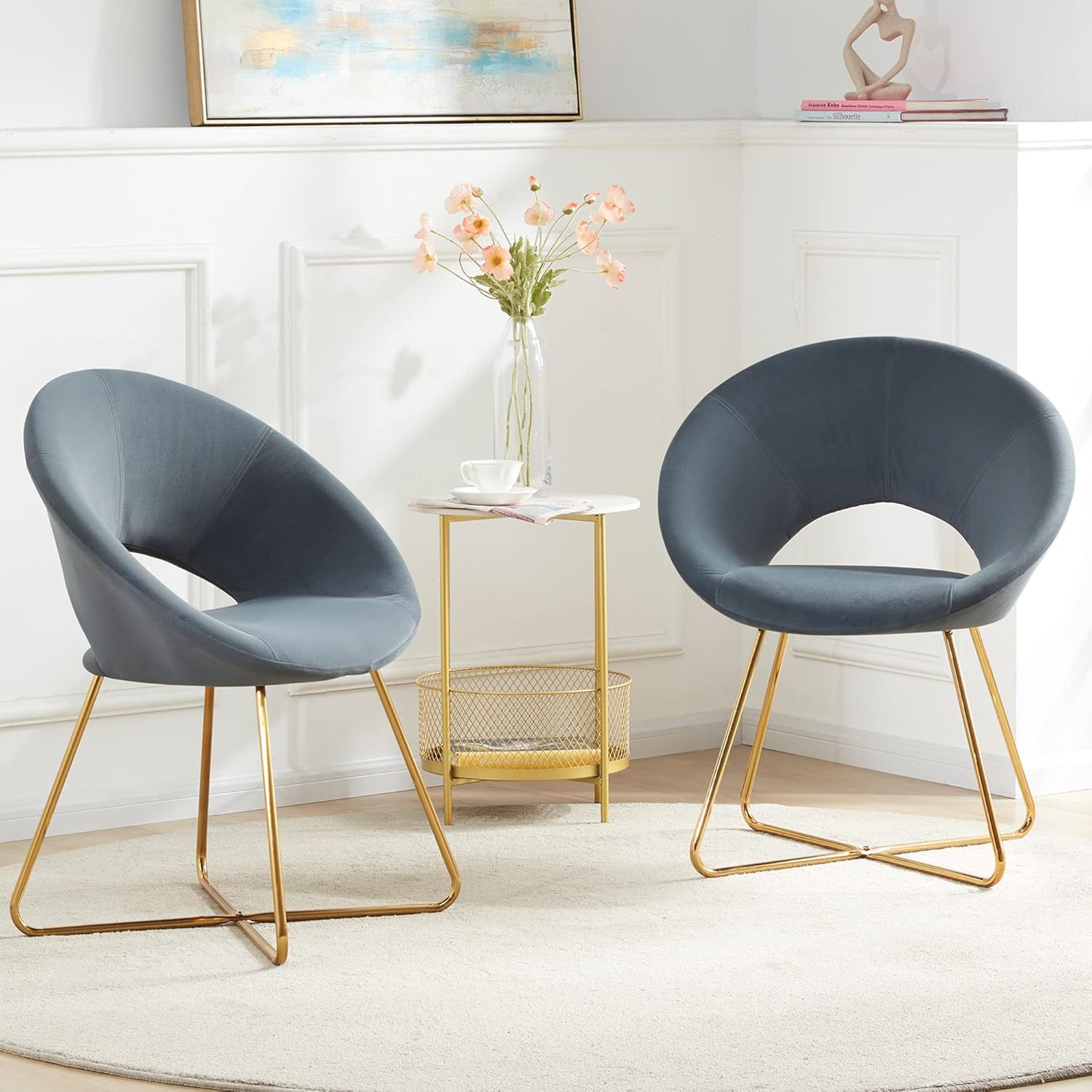 BELLEZE Velvet Modern Accent Chair Vanity Chair Set of 2, Comfy Makeup Chair with Back Living Room Chair, Upholstered Dining Chairs Leisure Armchair with Golden Metal Legs - Ezra (Dark Grey)