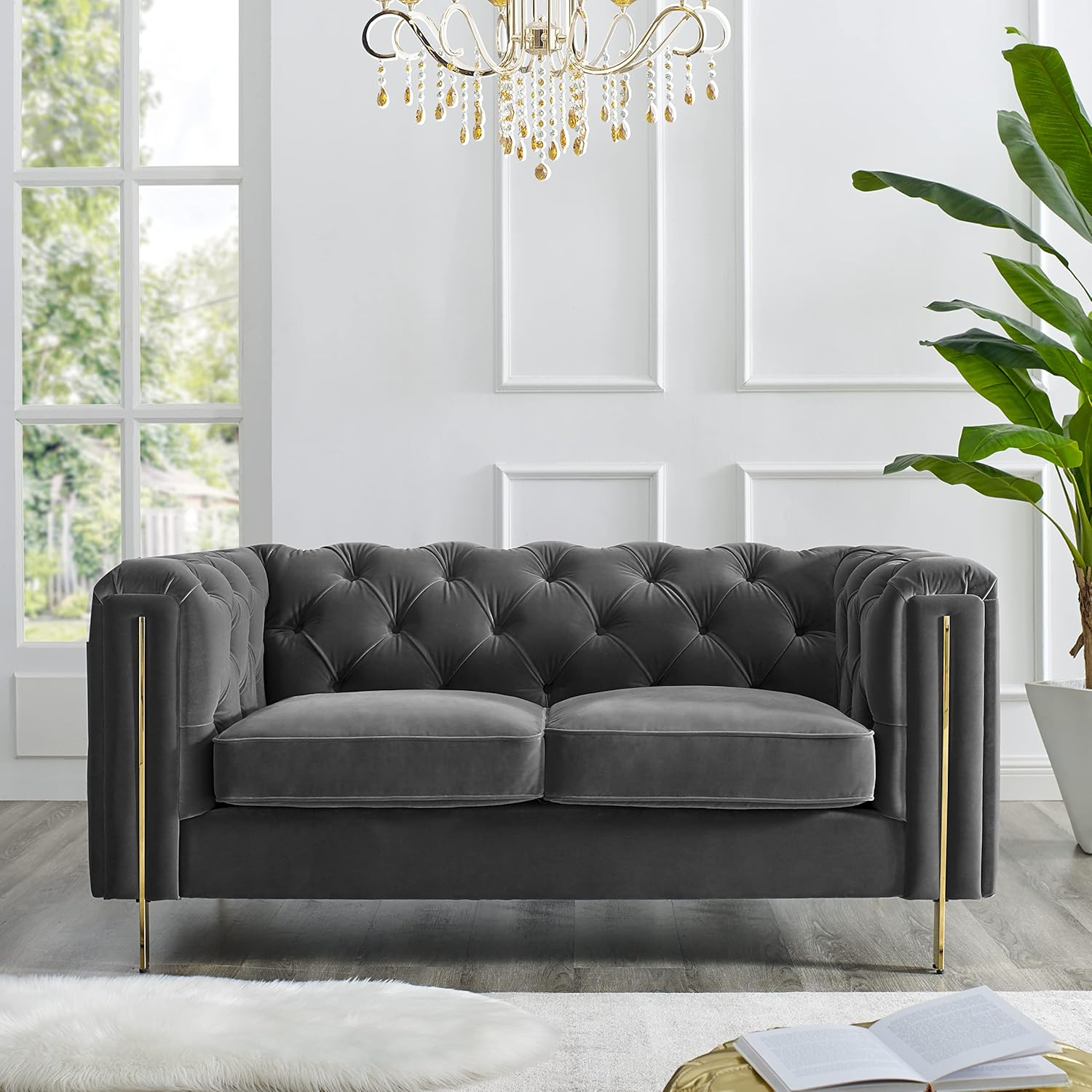 Charlene Gray Velvet Button Tufted Loveseat