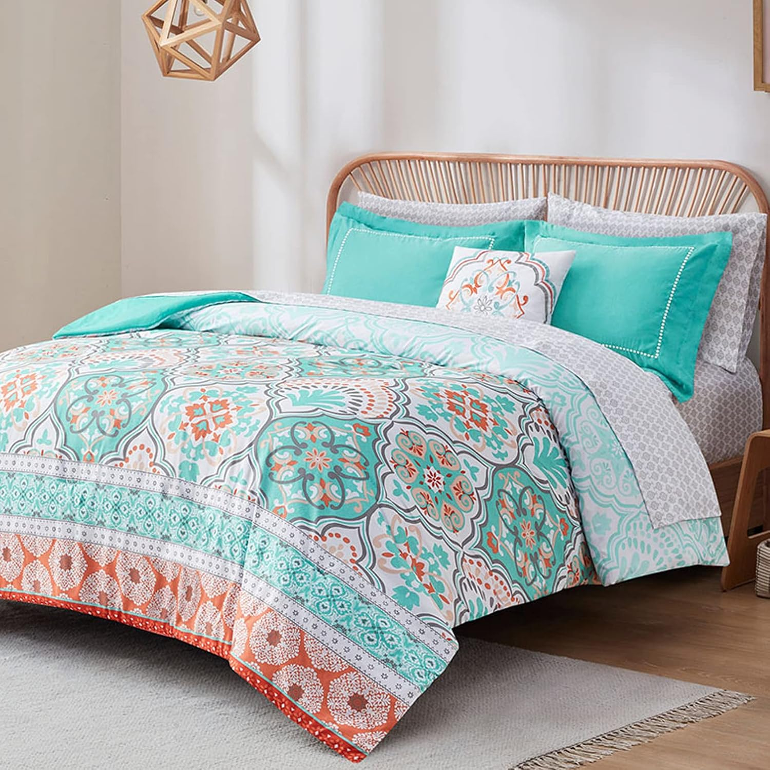 Queen Size Aqua and Coral Microfiber Boho Bed in a Bag Set
