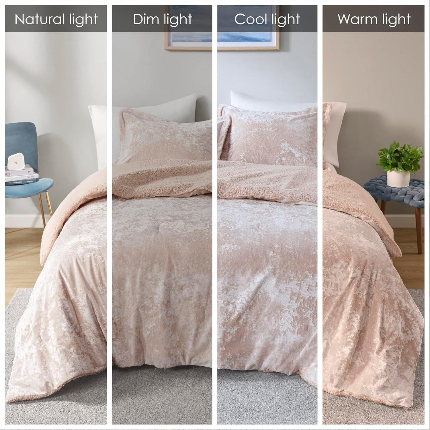 Intelligent Design Queen Comforter Set, Reversible Velvet Comforter Set, Soft & Warm Sherpa Reverse, Winter Fluffy Comforter Bed Set with 2 Shams, Mira, Full/Queen Blush 3 Piece
