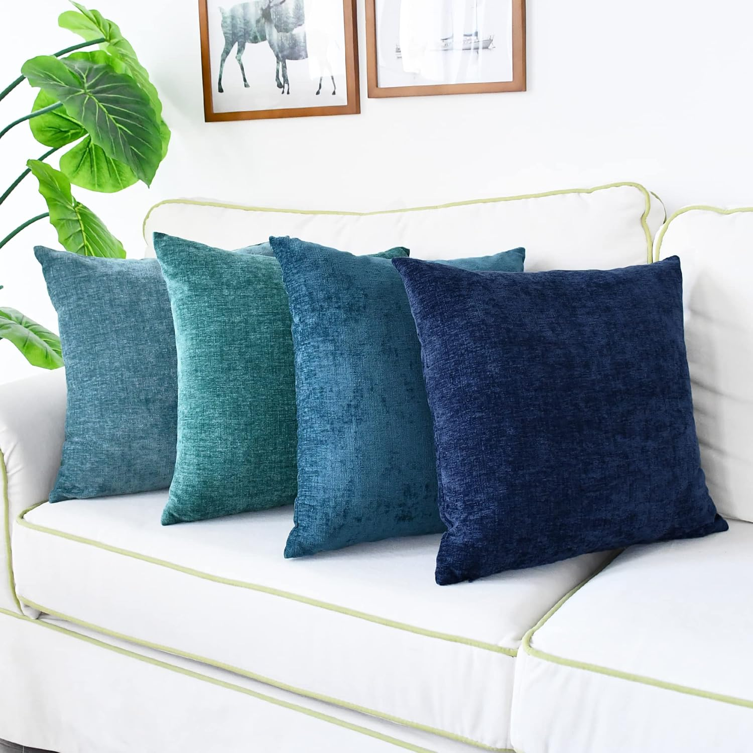 CaliTime Throw Pillow Covers Set of 4 Modern Multi-Color Matching Cozy Soft Chenille Cushion Cases Shells for Couch Sofa Home Decor 18 X 18 Inches Teal Navy Ocean Smoke Blue