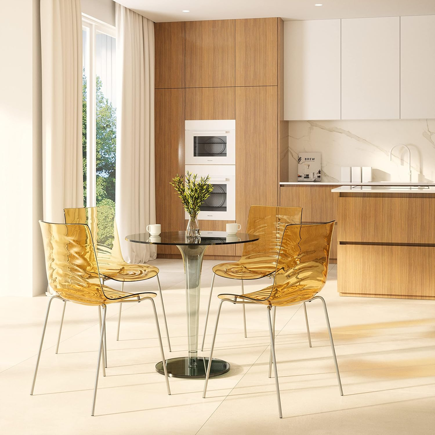 LeisureMod Dining Chair in Polycarbonate with Chrome Legs and Ripple Design Lightweight Easy Assembly for Modern Home, Kitchen, Cafes Astor Collection