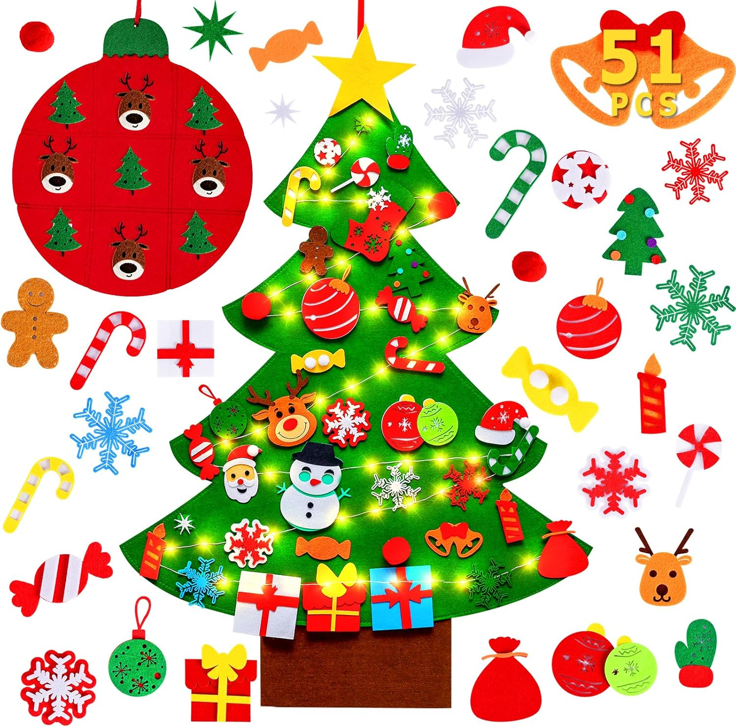 Max Fun DIY Felt Christmas Tree Set Plus Tic-Tac-Toe Games for Kids Toddlers Wall Hanging Decorations Felt Craft Kits for Xmas Party Favors