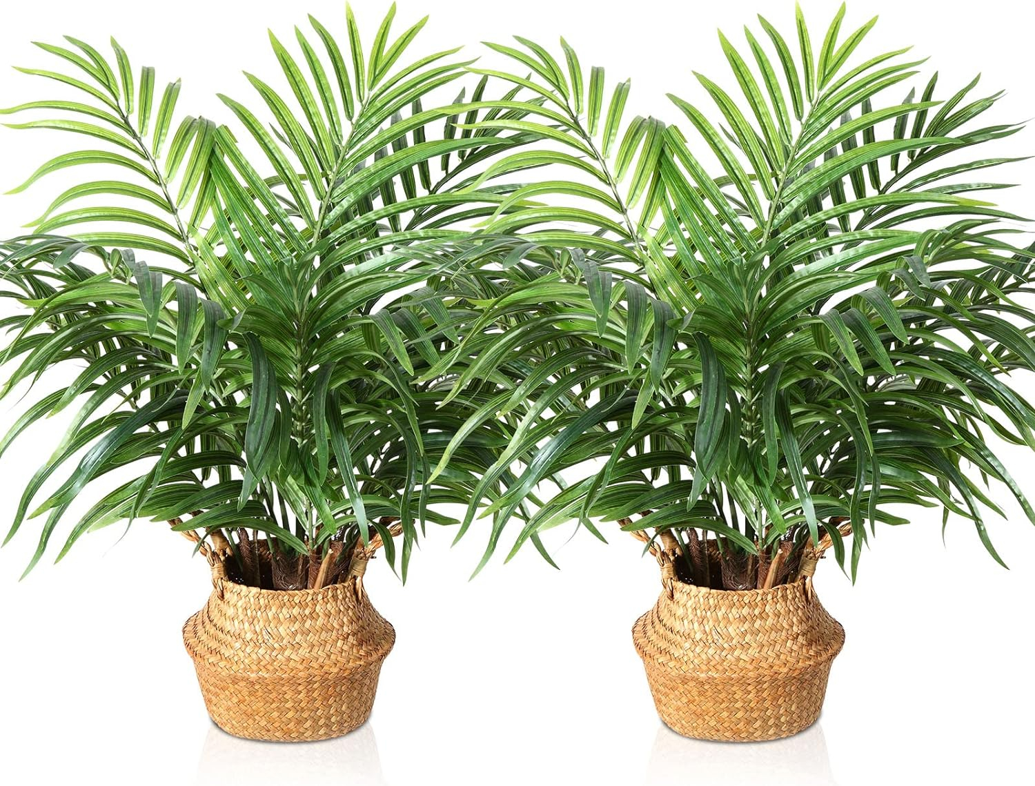 Artificial Palm Tree 28”Fake Potted Areca Palm Plant with Handmade Seagrass Basket, Perfect Faux Tree Home Décor for Indoor Outdoor Office Porch Balcony Bedroom Bathroom Gift,2Pack