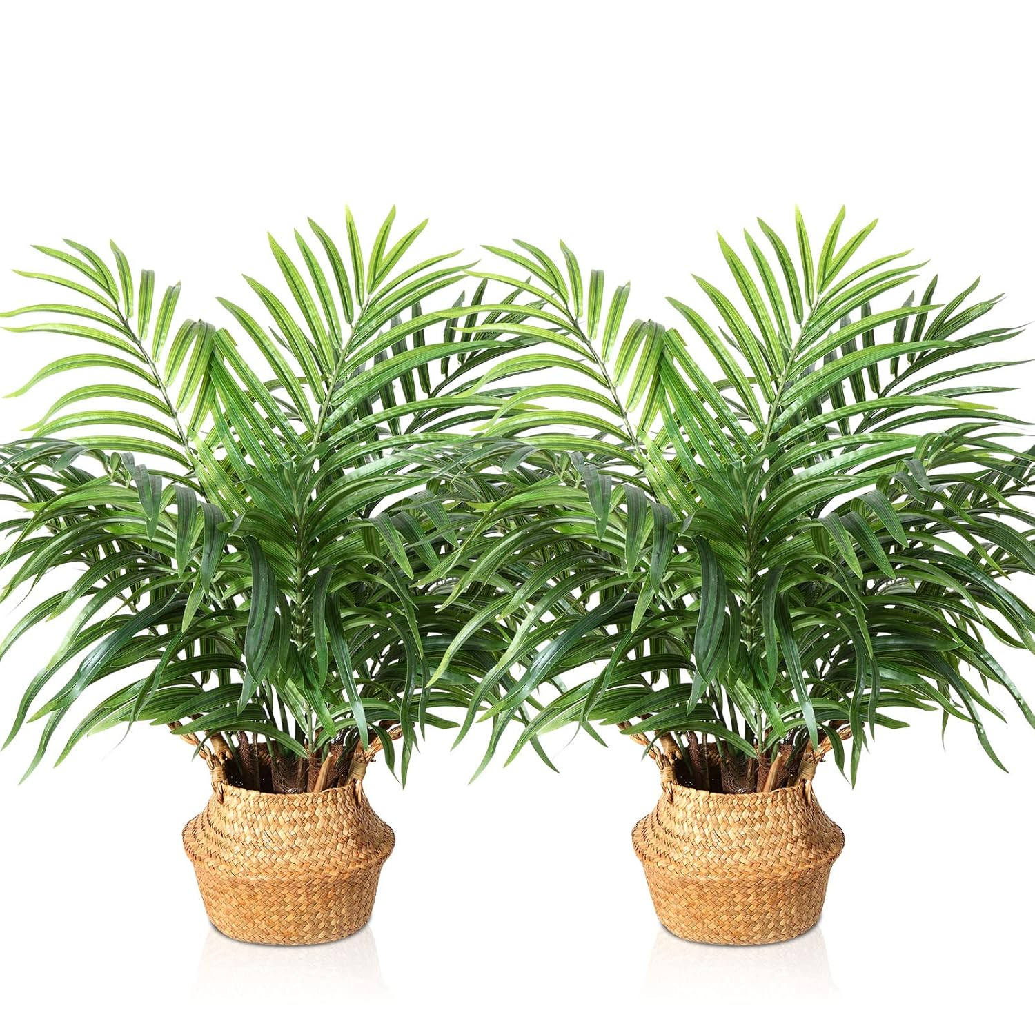 Artificial Palm Tree 28”Fake Potted Areca Palm Plant with Handmade Seagrass Basket, Perfect Faux Tree Home Décor for Indoor Outdoor Office Porch Balcony Bedroom Bathroom Gift,2Pack