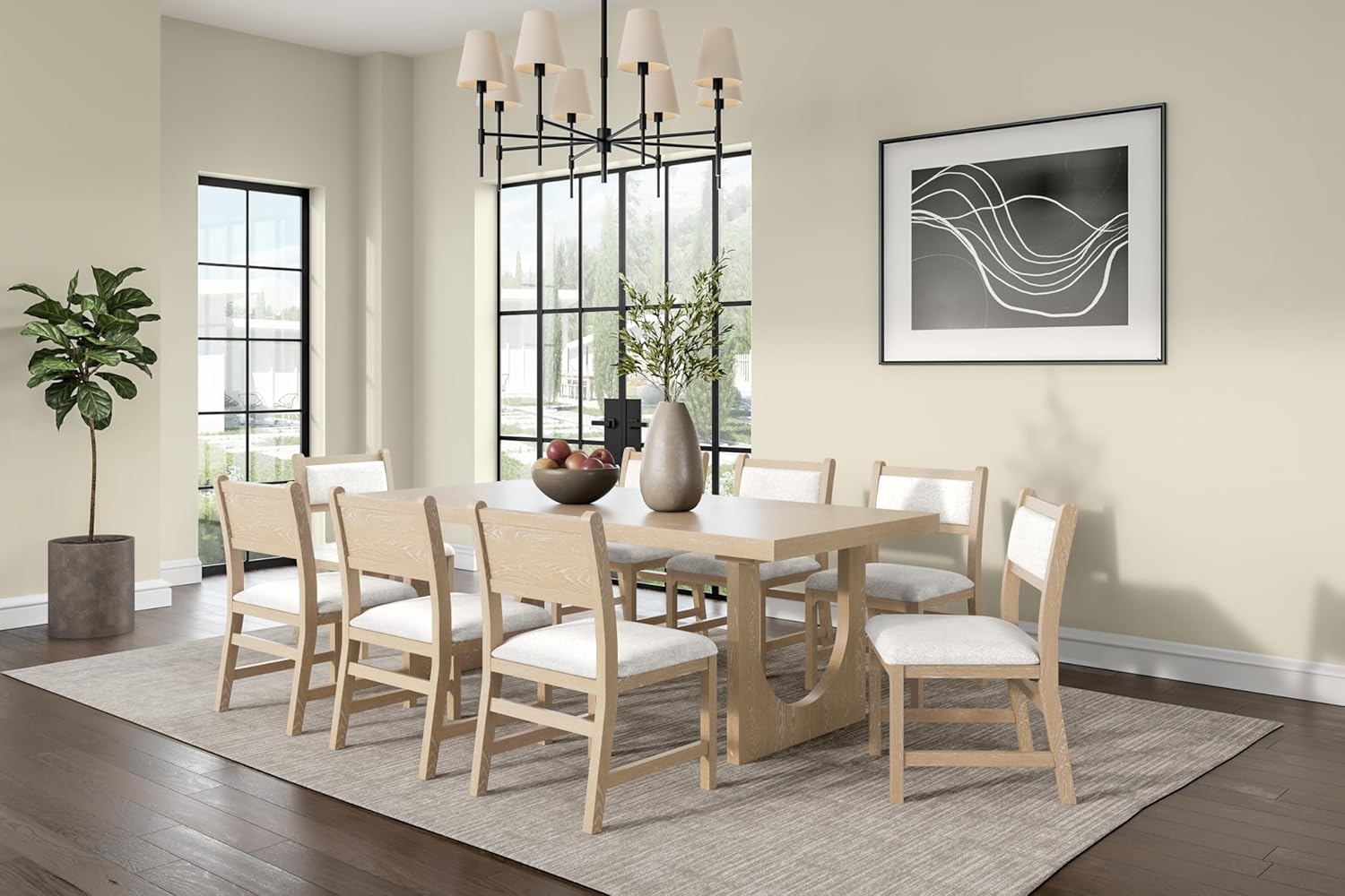 Modern Wood Rectangular Kitchen Table with Eight Chairs Light Brown