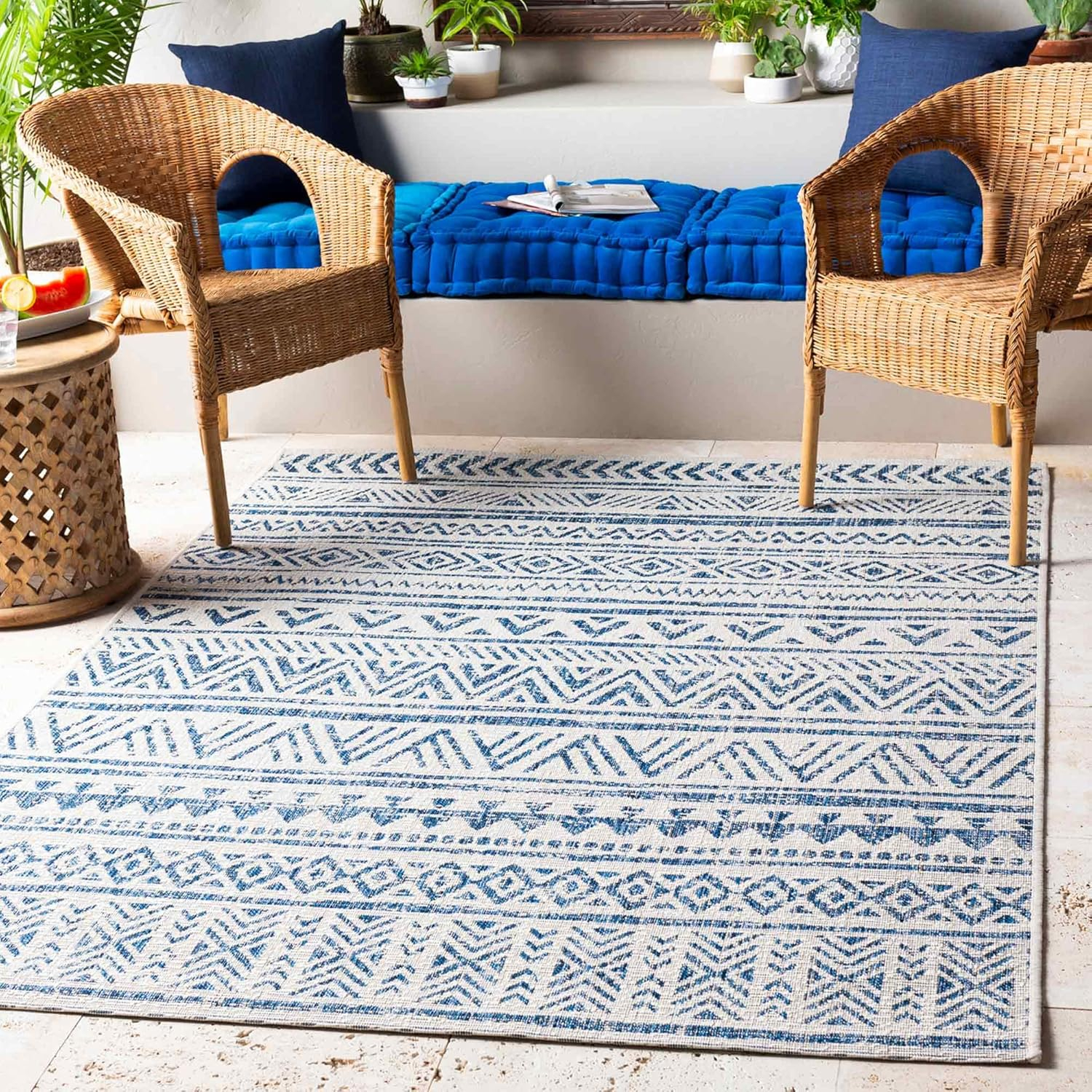 Blue and White Flat Woven Synthetic 10' x 14' Area Rug