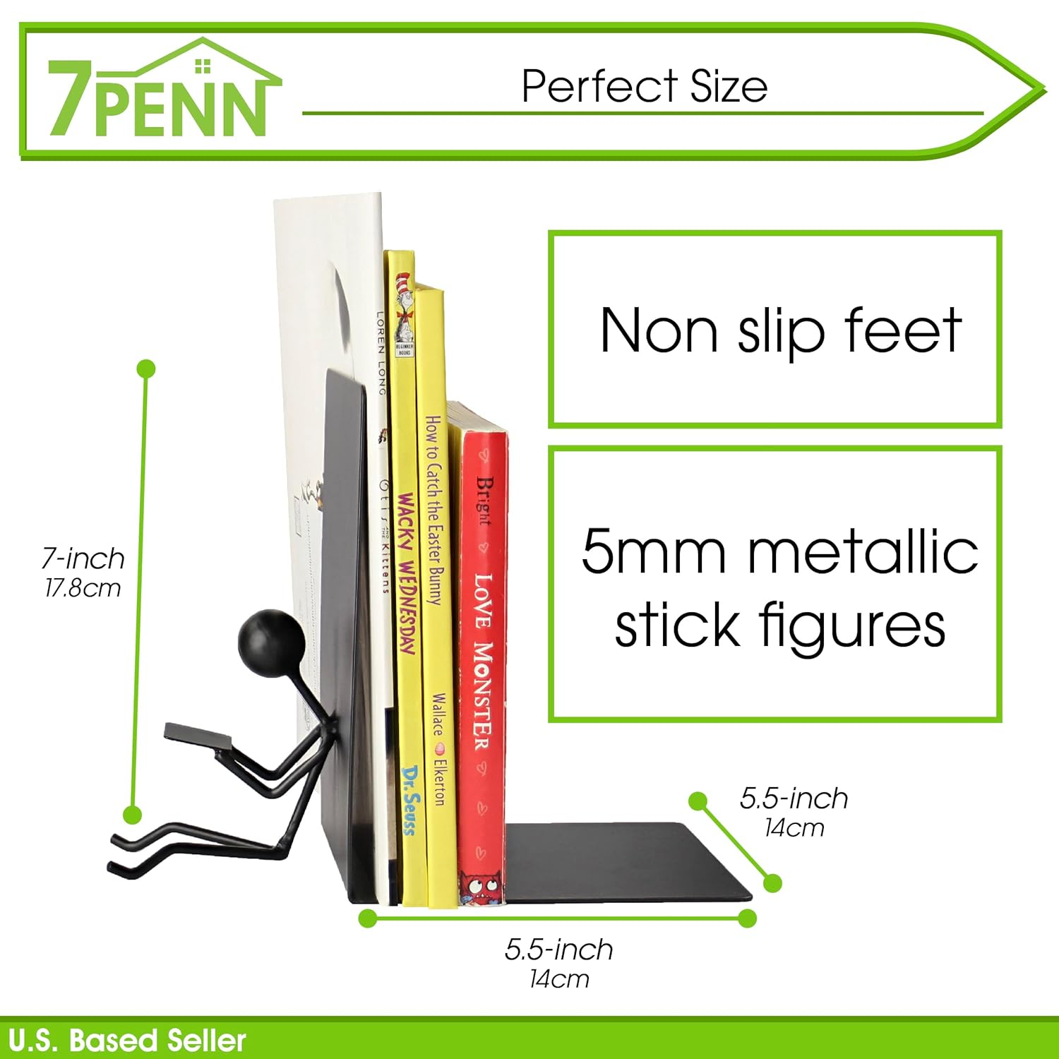 7Penn Black Stick Figure Metal Bookends - 2pc Decorative Book Ends for Shelves