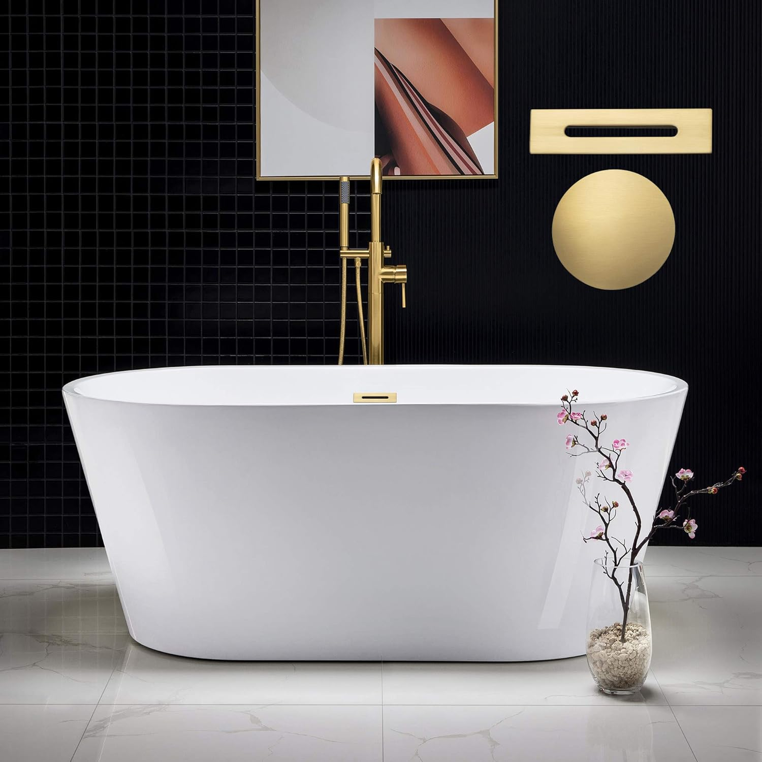 WOODBRIDGE 59" Acrylic Freestanding Bathtub Contemporary Soaking White Tub with Brushed Gold Overflow and Drain,B0014-BG