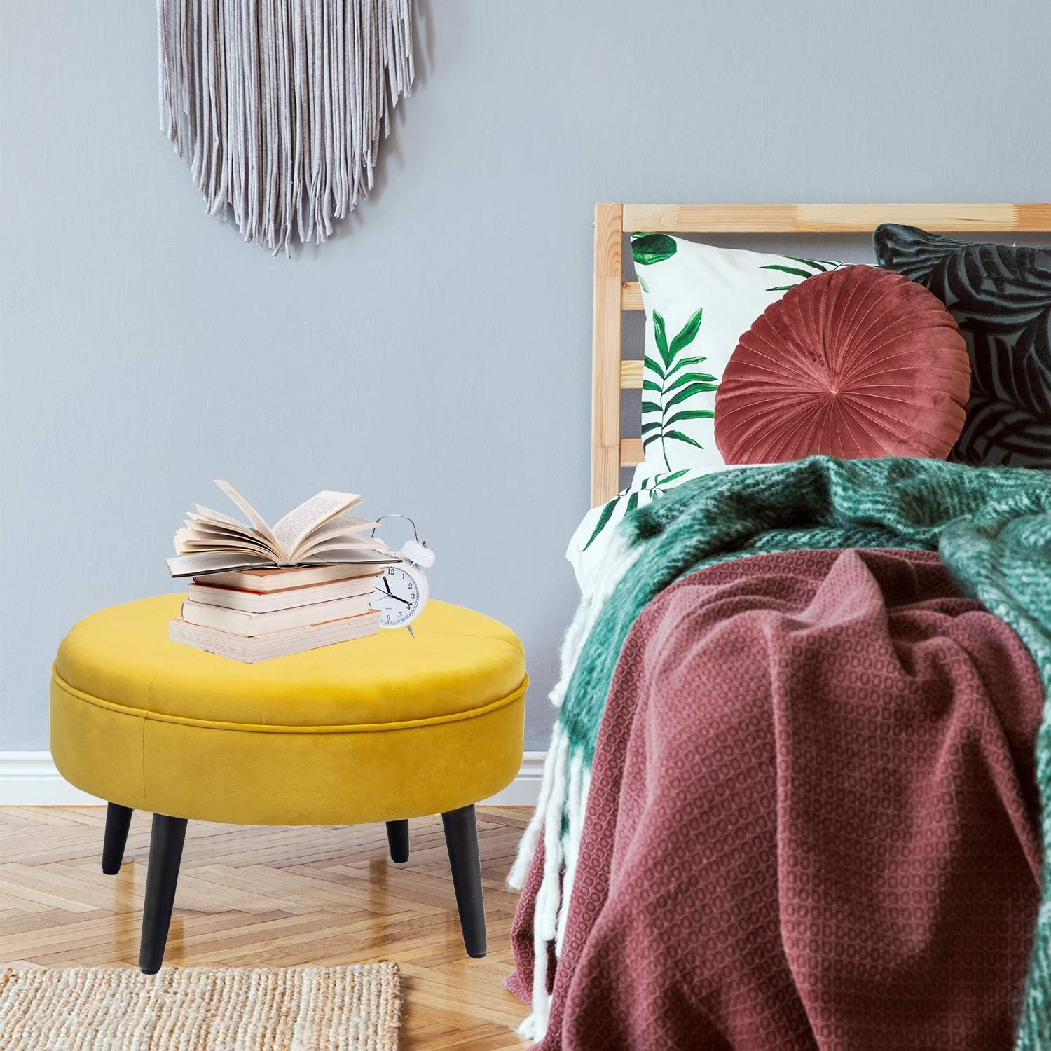 Joveco Small Round Ottoman, Velvet Upholstered Footrest Stool Seat with Wooden Legs, Vanity Stool Coffee Table for Bedroom Living Room (Yellow)