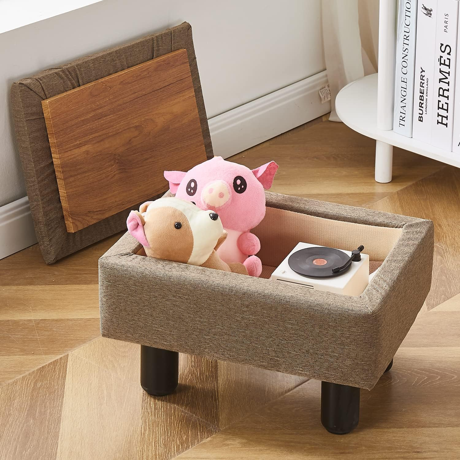 Cpintltr Linen Small Foot Stool Ottomans Multifunctional Footrest Storage Ottoman Upholstered Step Stool Seat with Solid Wood Legs Modern Accent Stools Suitable for Couch Living Room Bedroom Brown
