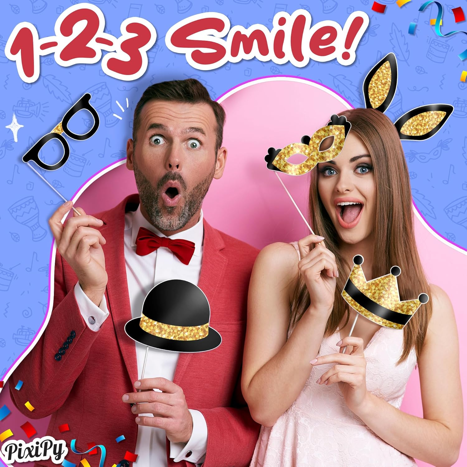 Photo Booth Props Kit, 16 Pcs Black & Gold Party Accessories by PixiPy
