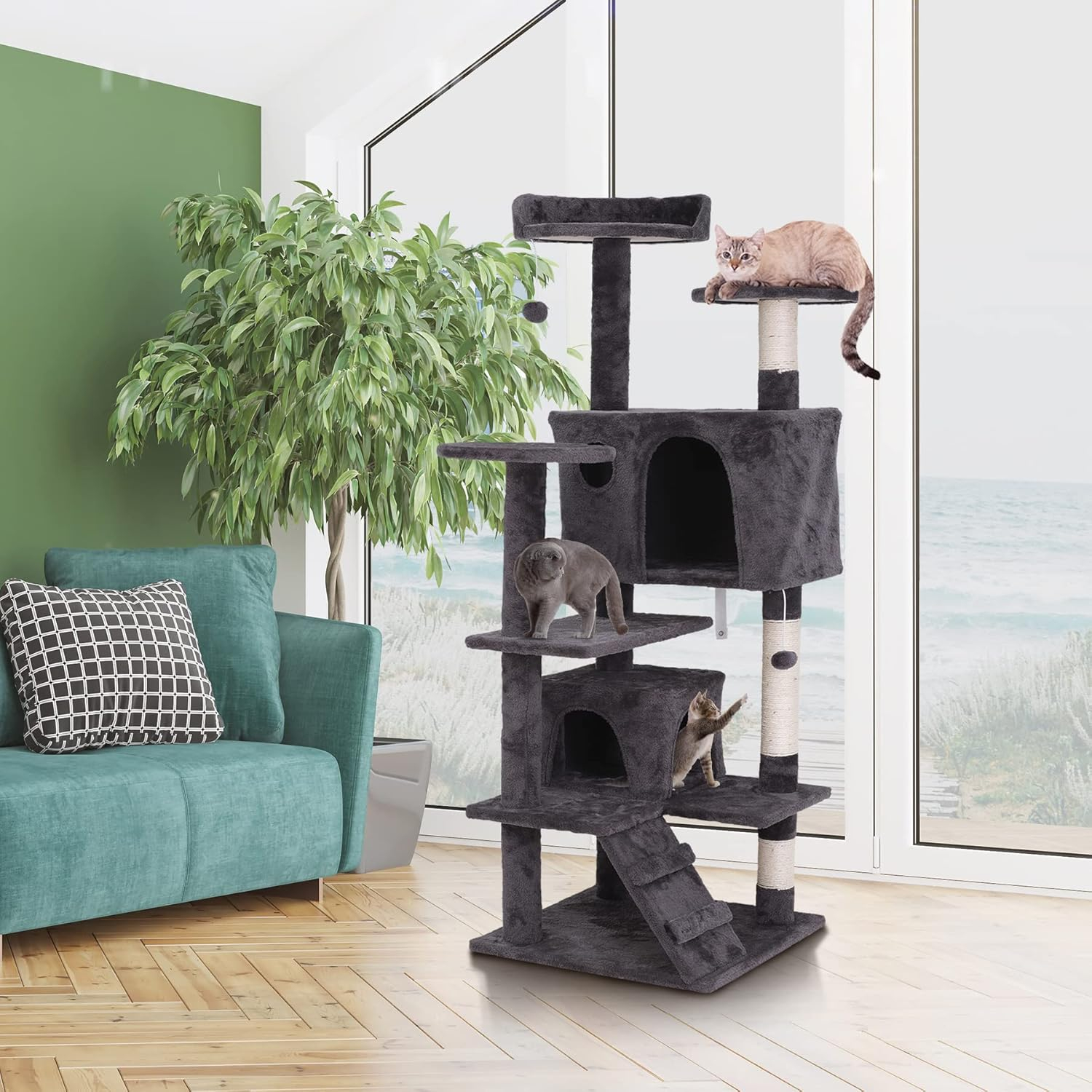 53 Inches Multi-Level Cat Tree Furniture Kitten Activity Play House Bed Pet Kitty Climbing Tower with Scratching Posts/Plush Perch/Scratcher Ladder/Tunnel for Cats,Kittens,Pets (Grey)