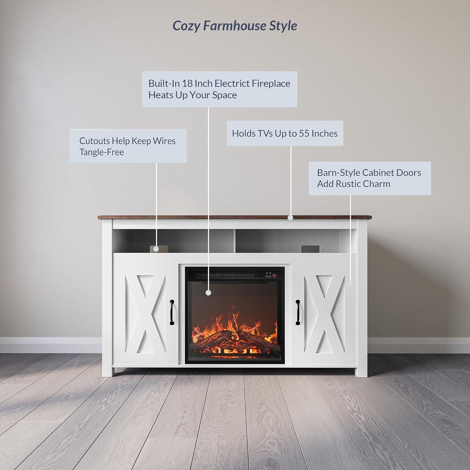 BELLEZE Modern 48 Inch Barn Door Wood TV Stand with 18 Inch Electric Fireplace & Media Entertainment Center Console Table for TV up to 50 Inch with Two Open Shelves and Cabinets - Corin (White)