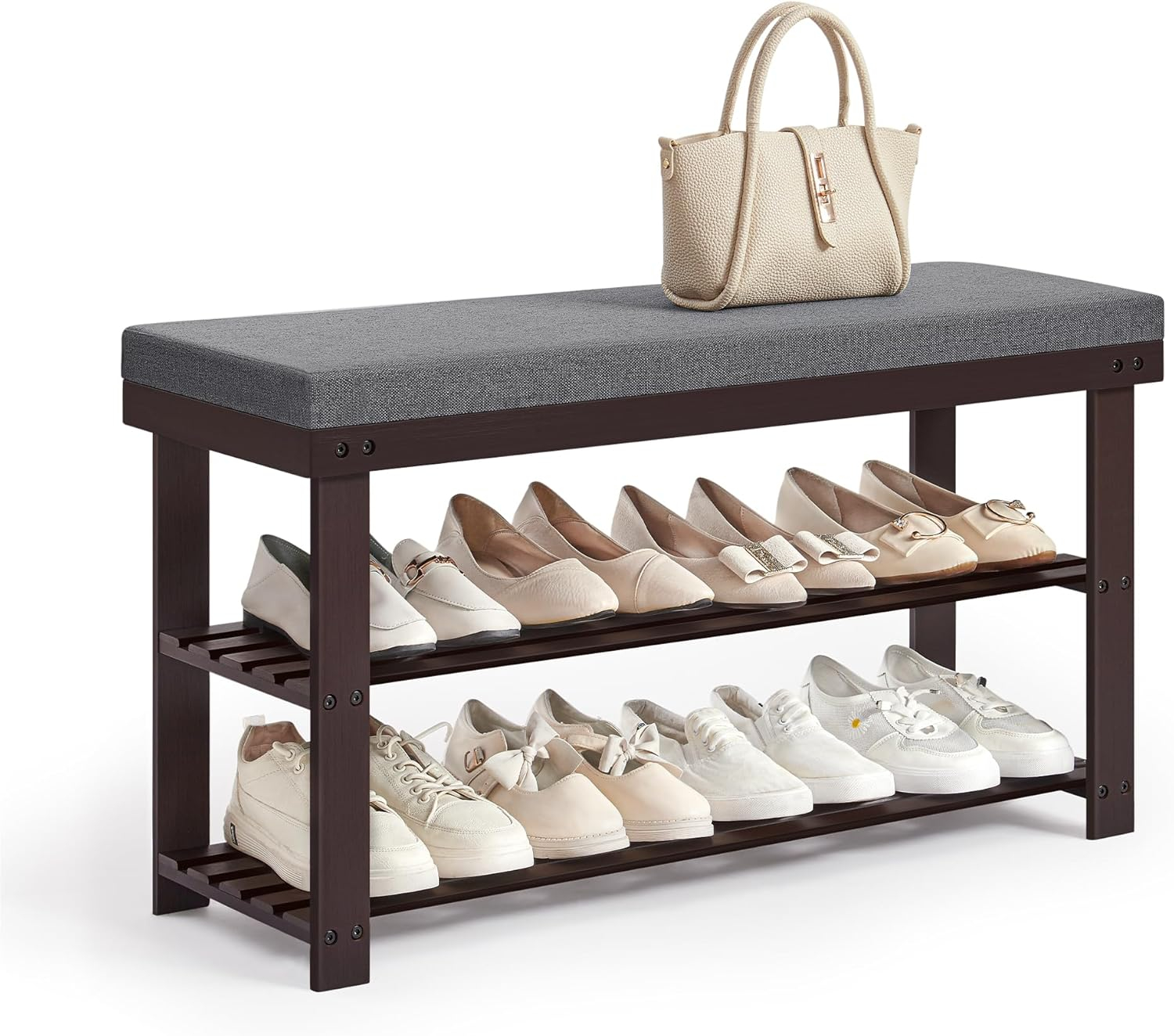 SONGMICS Bamboo Shoe Bench, 3-Tier Shoe Rack, Stable Shoe Organizer for Entryway, Living Room, Bench Seat Holds Up to 300 lb, 11.4 x 35.4 x 19.3 Inches, Brown and Gray ULBS904B32