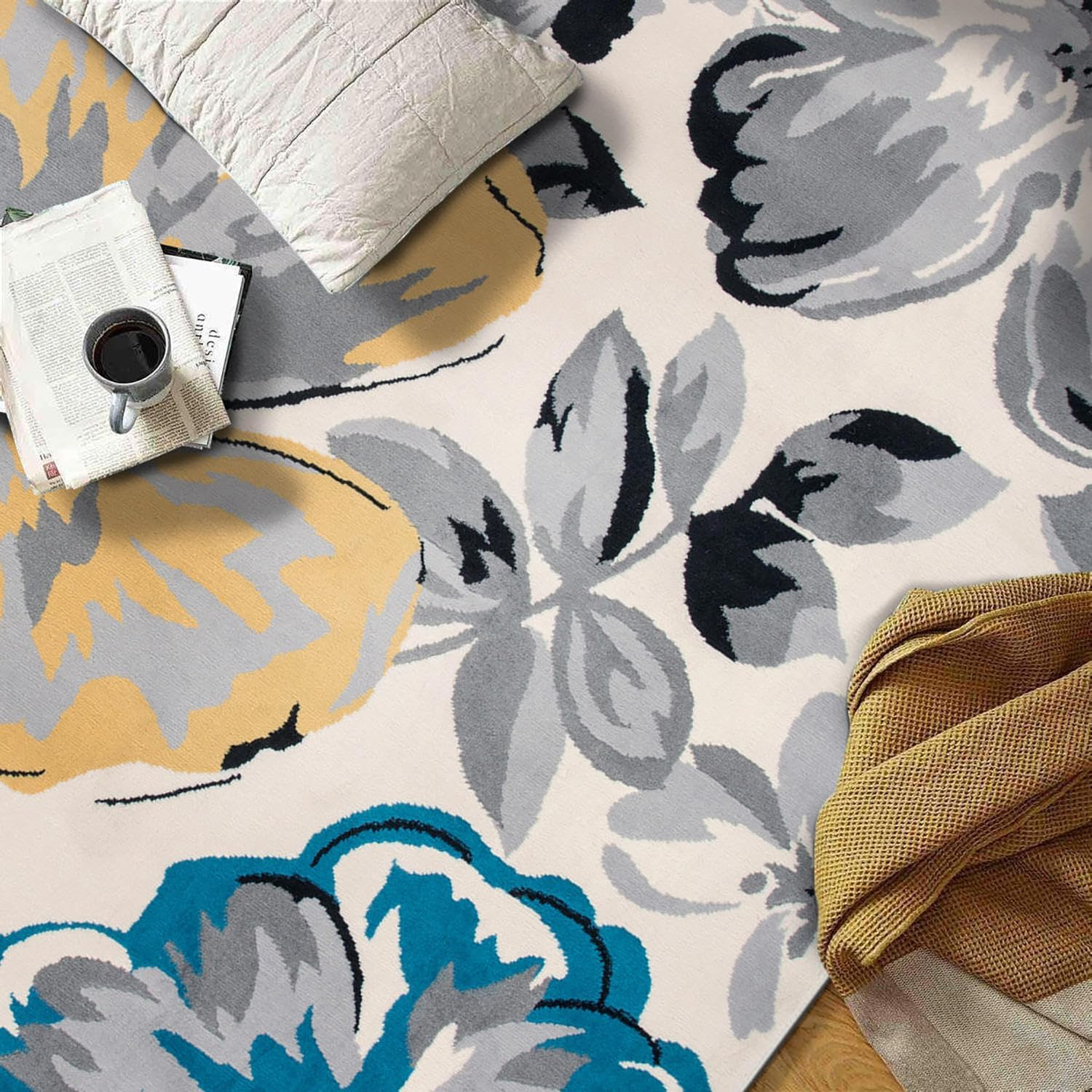 Cream Floral 9' x 12' Synthetic Rectangular Area Rug