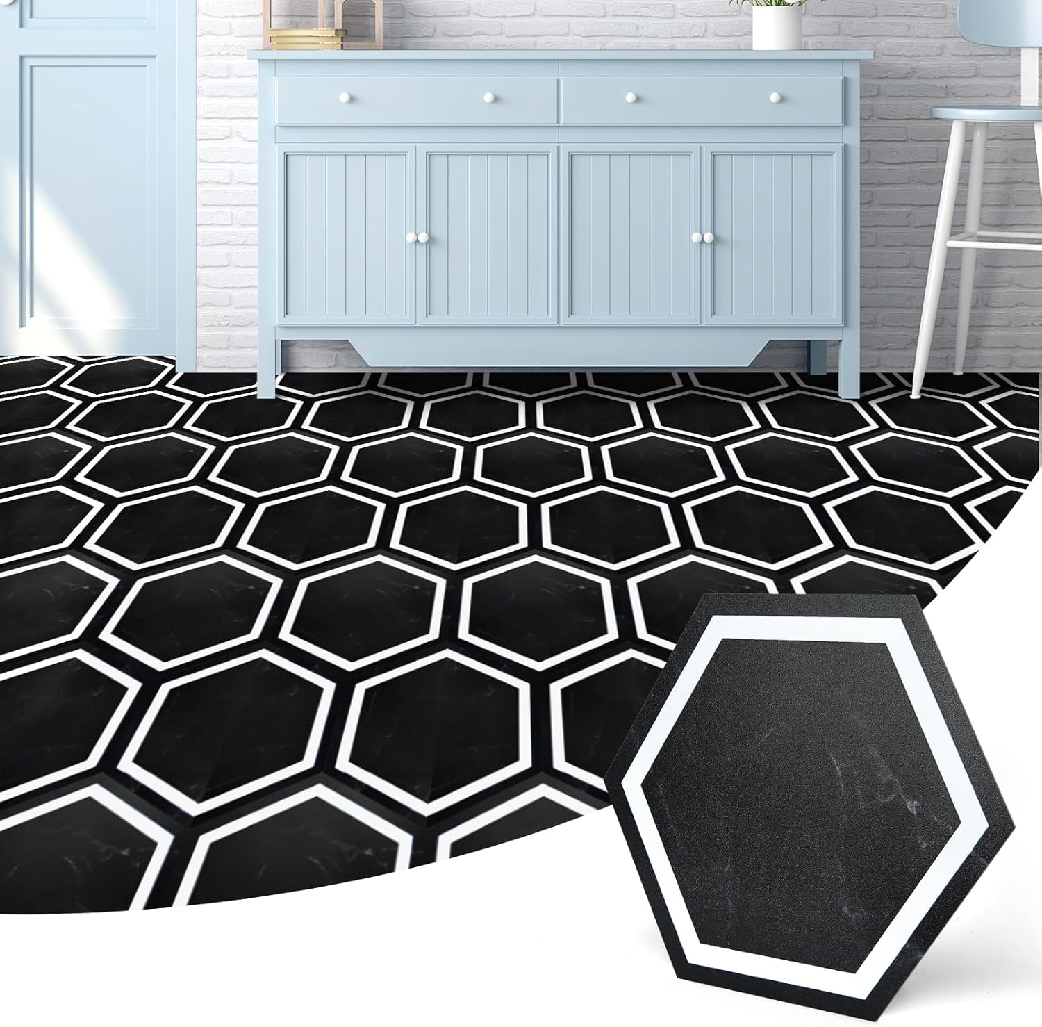 Art3d 30-Pack 11.8" x 10.2" Black Marble Hexagon Peel and Stick Flooring Tile, Self Adhesive Waterproof Vinyl Floor Tile