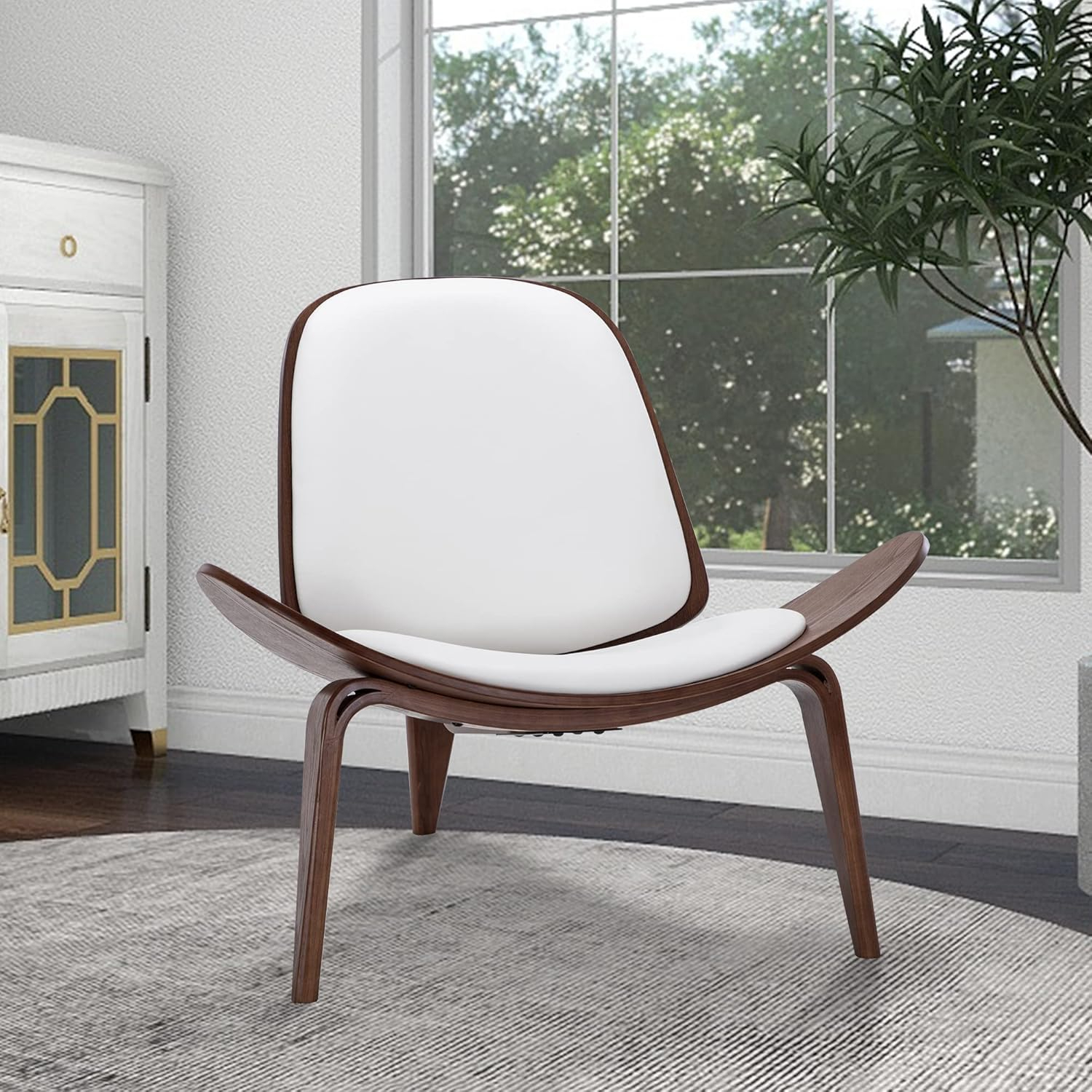 BELLEZE Shell Chair, Armless Mid Century Modern Accent Chair Faux Leather Shell Lounge Chair for Living Room Bedroom Office, Tripod Side Chair with Padded Seat, Solid Wood - Avalon (White)