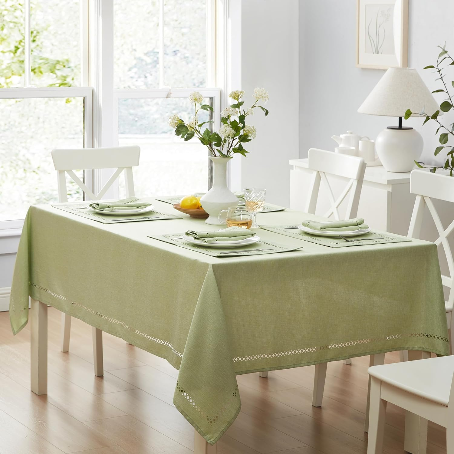 Newbridge Fabric Rectangle Tablecloth, 60 x 144 Inch, Provence Lattice Cutwork Solid Color Textured, Water and Stain Resistant Easy Care Fabric Table Cloth for Spring Parties, Sage Green