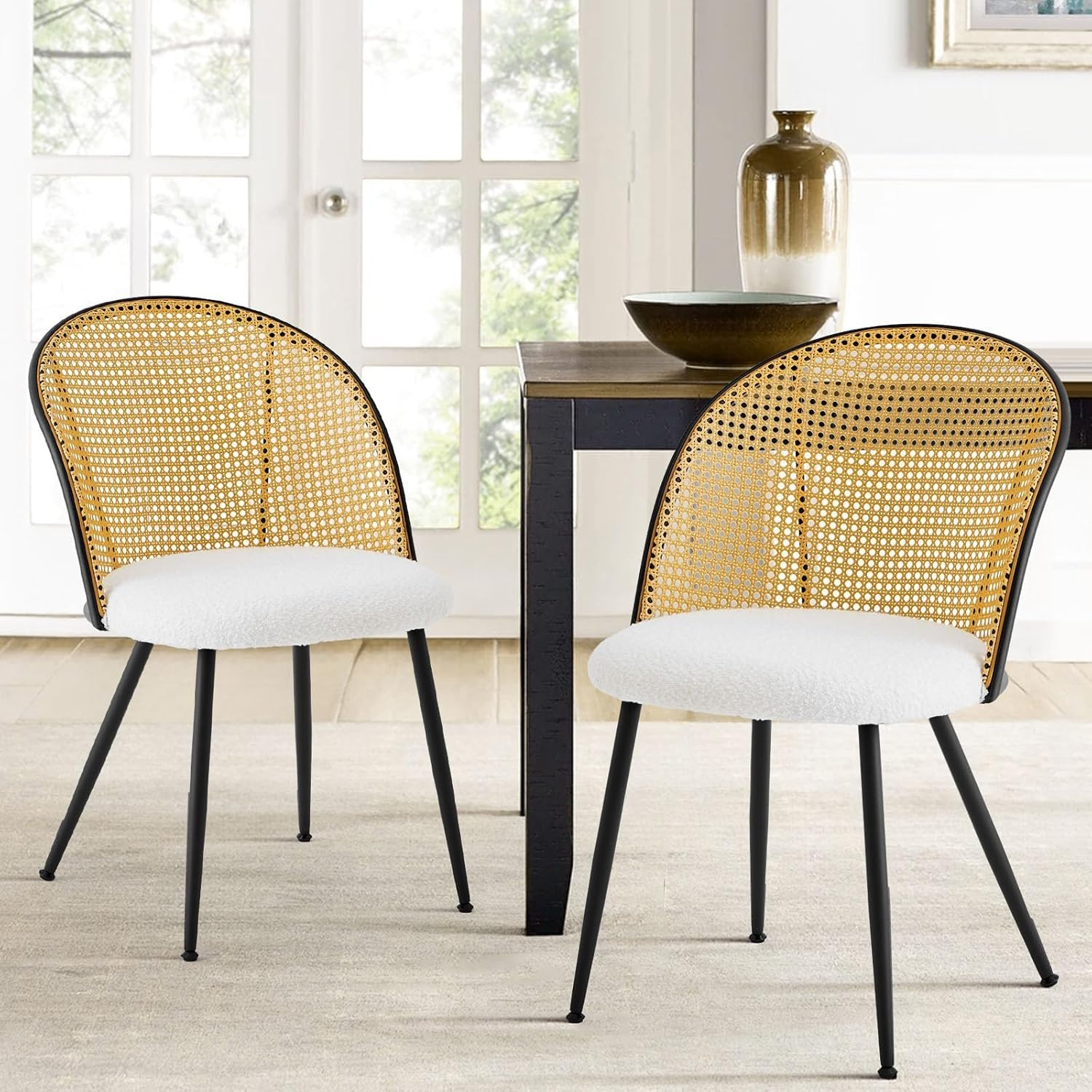 Lucky Monet Modern Upholstered Rattan Dining Chairs Set of 2/4 Set of 2 - PU-White-Natural Back