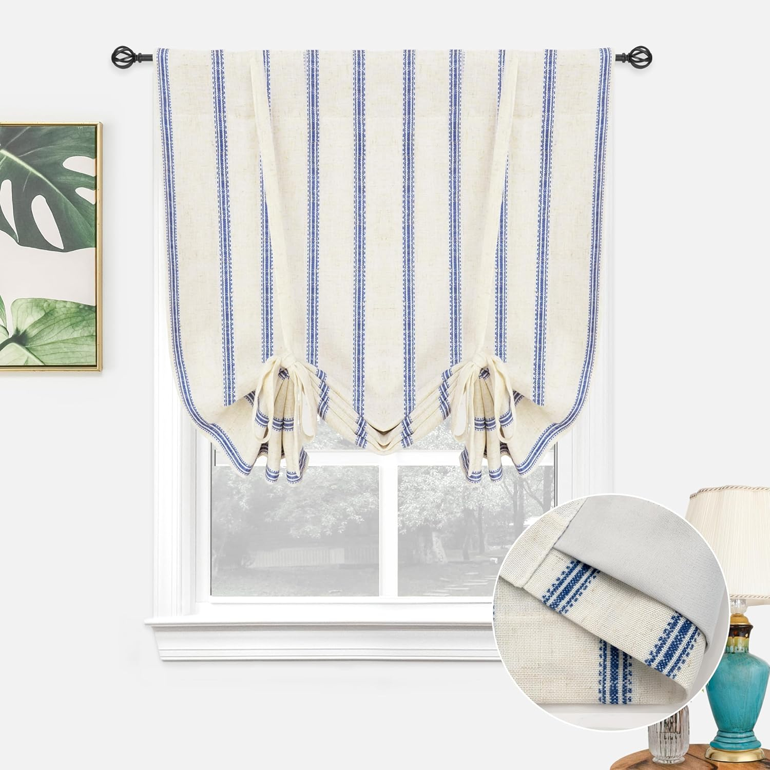 DriftAway Farmhouse Double Layer Linen Blackout Tie Up Curtains Thermal Insulated Vertical Striped Fully Lined Balloon Roman Shade Bathroom Window Adjustable Rod Pocket 25 Inch by 47 Inch Navy